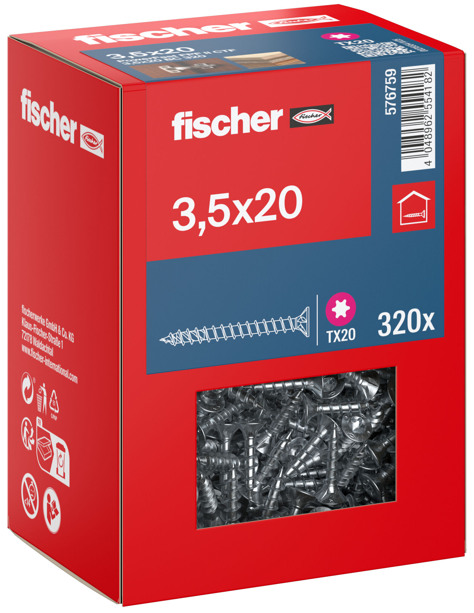 Packaging: "fischer chipboard screw PowerFast FPF II CTF 3.5 x 20 BC 320, countersunk head, TX drive, full thread, blue passivated"