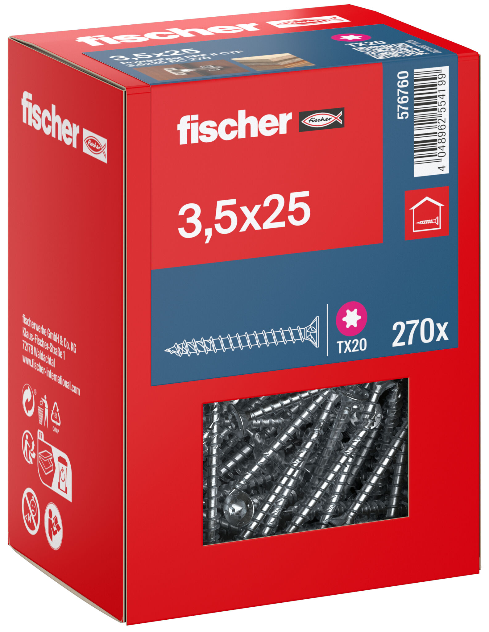 Packaging: "fischer chipboard screw PowerFast FPF II CTF 3.5 x 25 BC 270, countersunk head, TX drive, full thread, blue passivated"