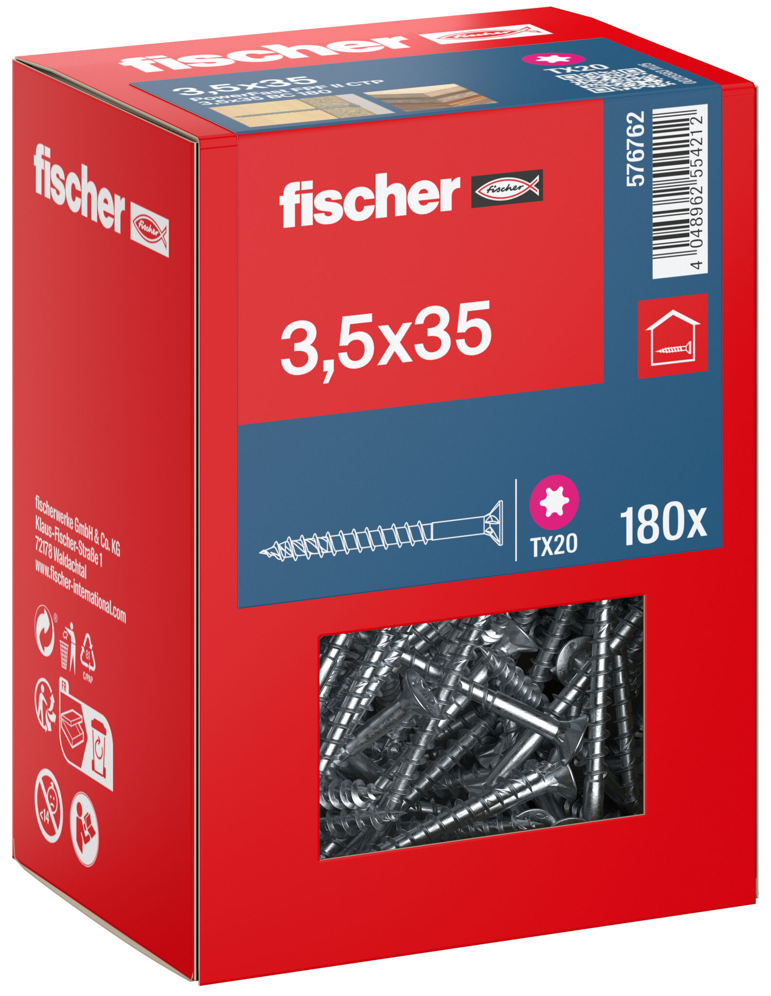 Packaging: "fischer chipboard screw PowerFast FPF II CTP 3.5 x 35 BC 180, countersunk head, TX drive, part thread, blue passivated"