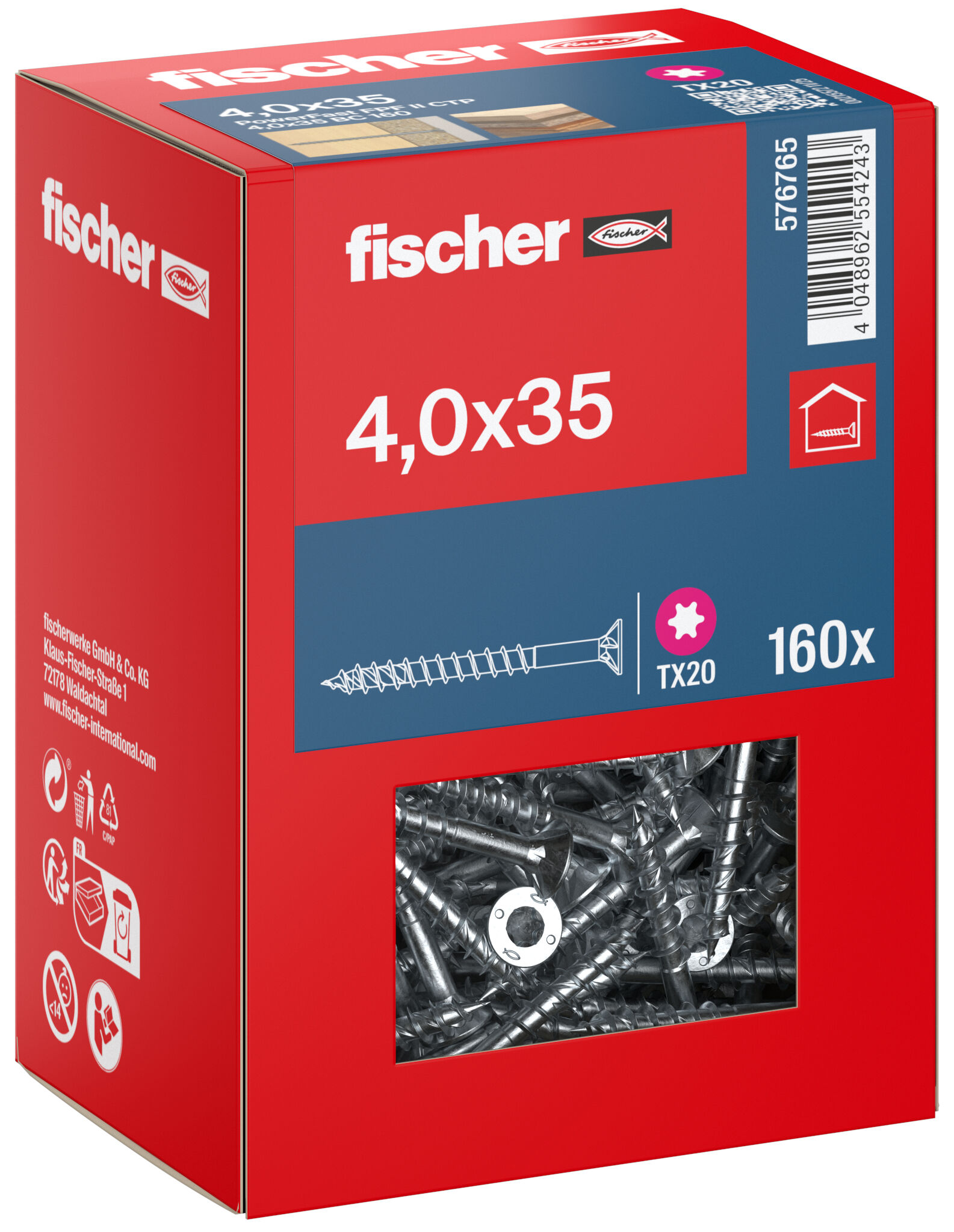 Packaging: "fischer chipboard screw PowerFast FPF II CTP 4.0 x 35 BC 160, countersunk head, TX drive, part thread, blue passivated"