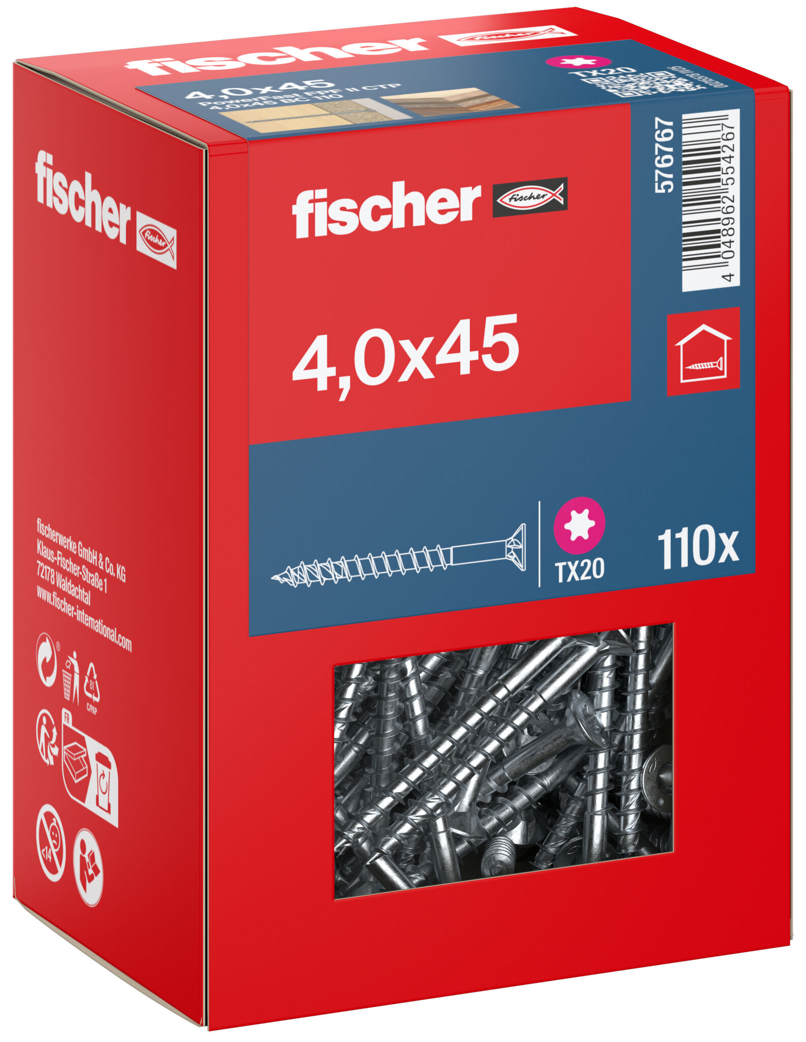 Packaging: "fischer chipboard screw PowerFast FPF II CTP 4.0 x 45 BC 110, countersunk head, TX drive, part thread, blue passivated"