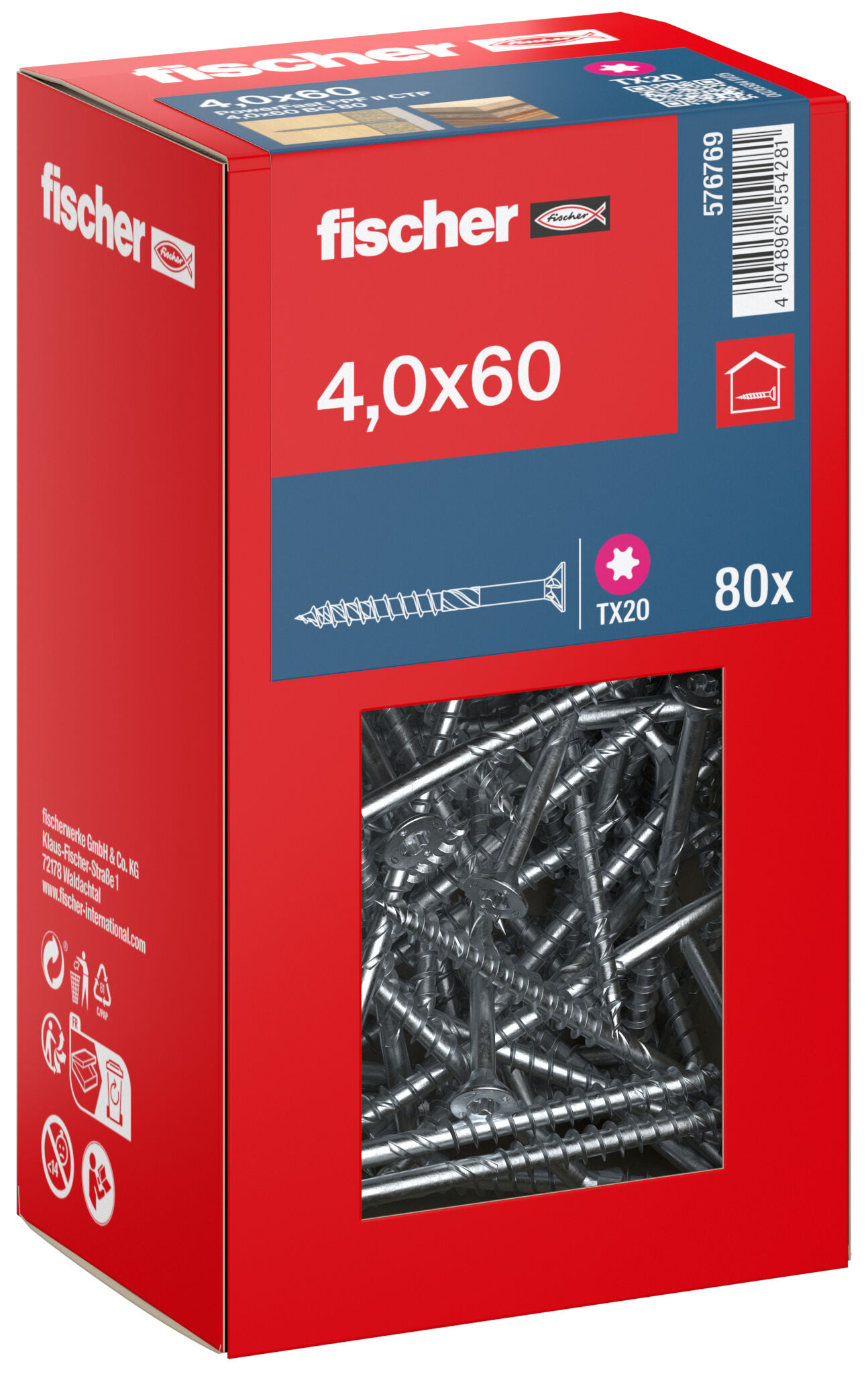 Packaging: "fischer chipboard screw PowerFast FPF II CTP 4.0 x 60 BC 80, countersunk head, TX drive, part thread, blue passivated"
