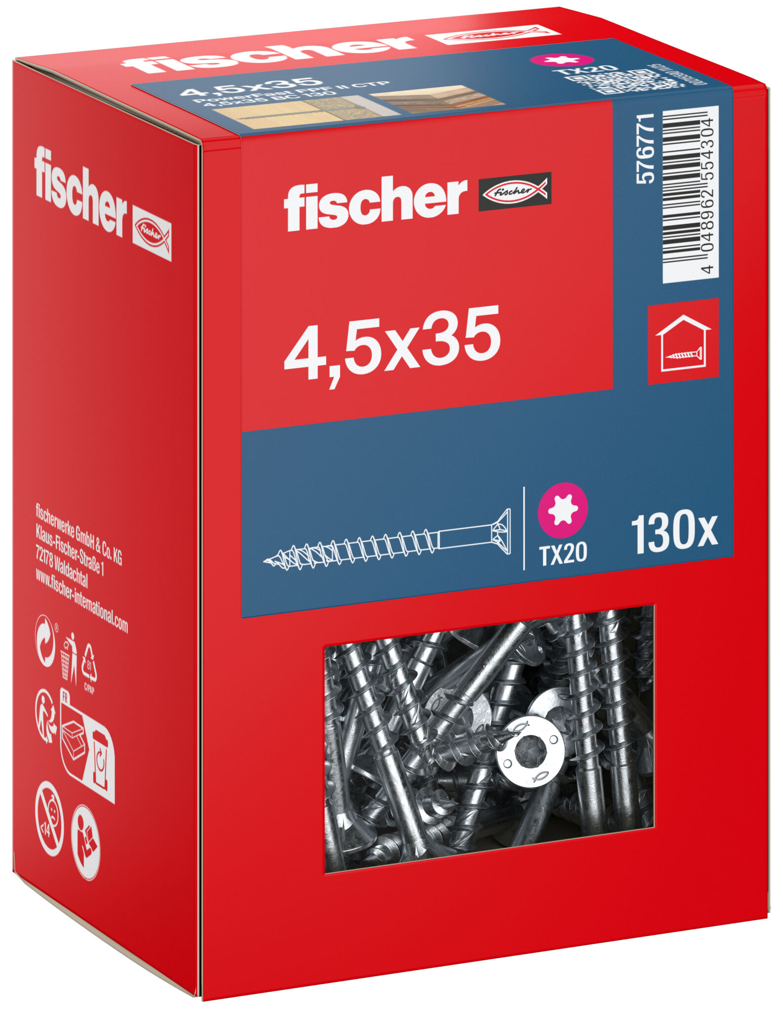Packaging: "fischer chipboard screw PowerFast FPF II CTP 4.5 x 35 BC 130, countersunk head, TX drive, part thread, blue passivated"