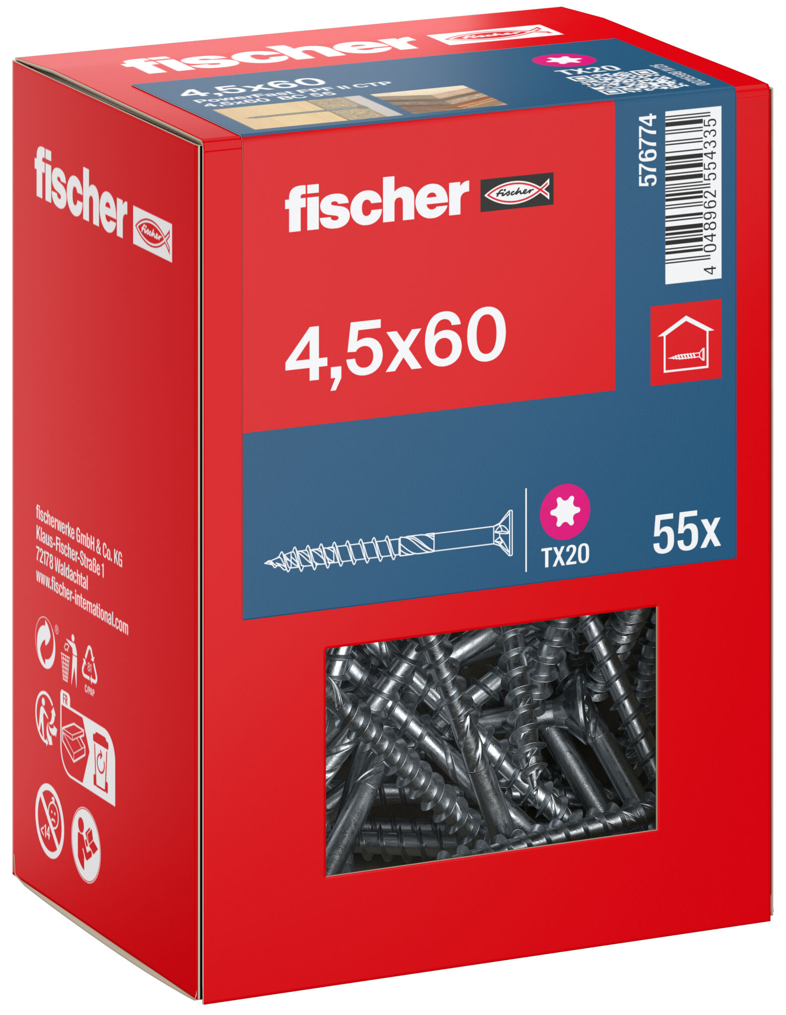 Packaging: "fischer chipboard screw PowerFast FPF II CTP 4.5 x 60 BC 55, countersunk head, TX drive, part thread, blue passivated"