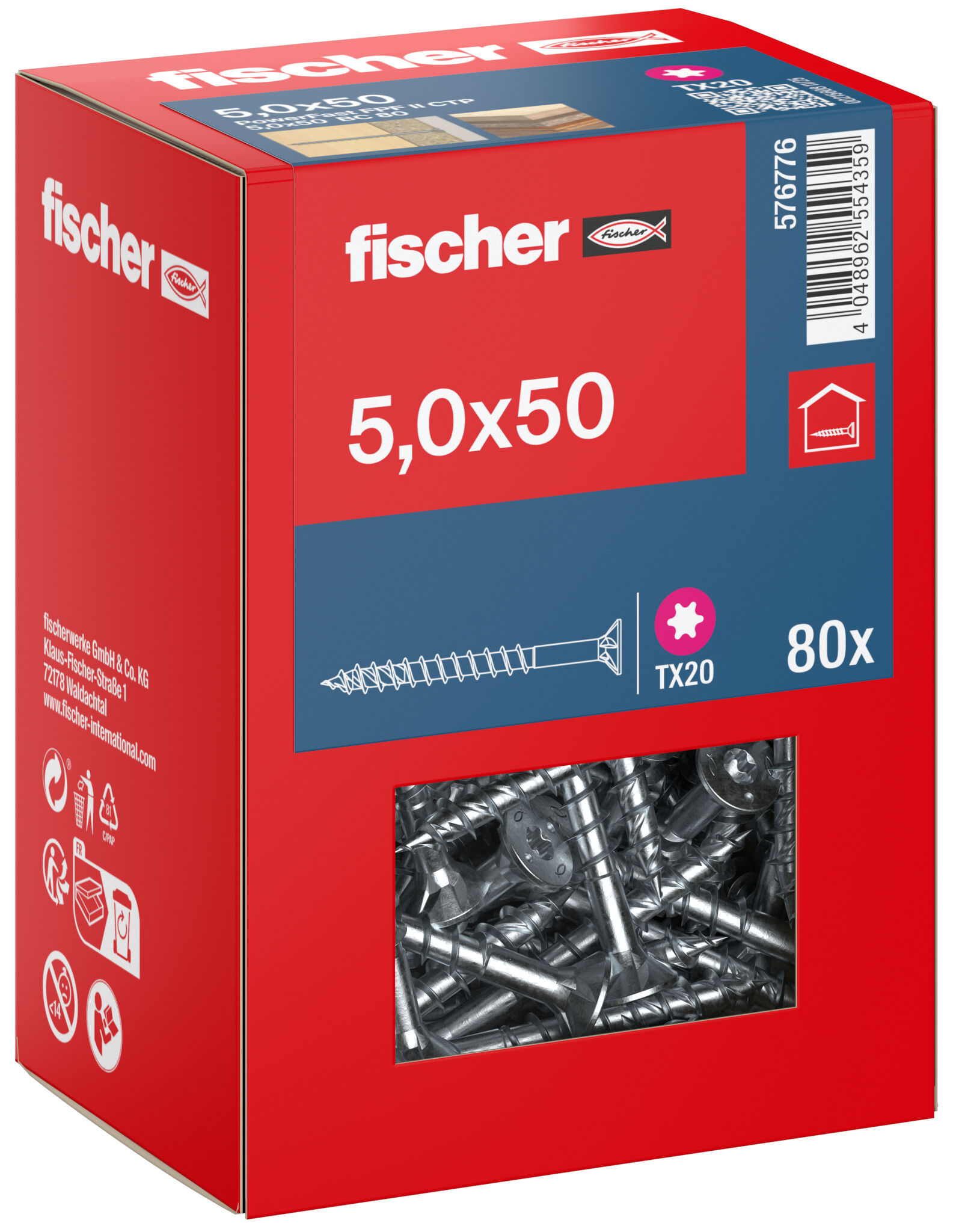 Packaging: "fischer chipboard screw PowerFast FPF II CTP 5.0 x 50 BC 80, countersunk head, TX drive, part thread, blue passivated"
