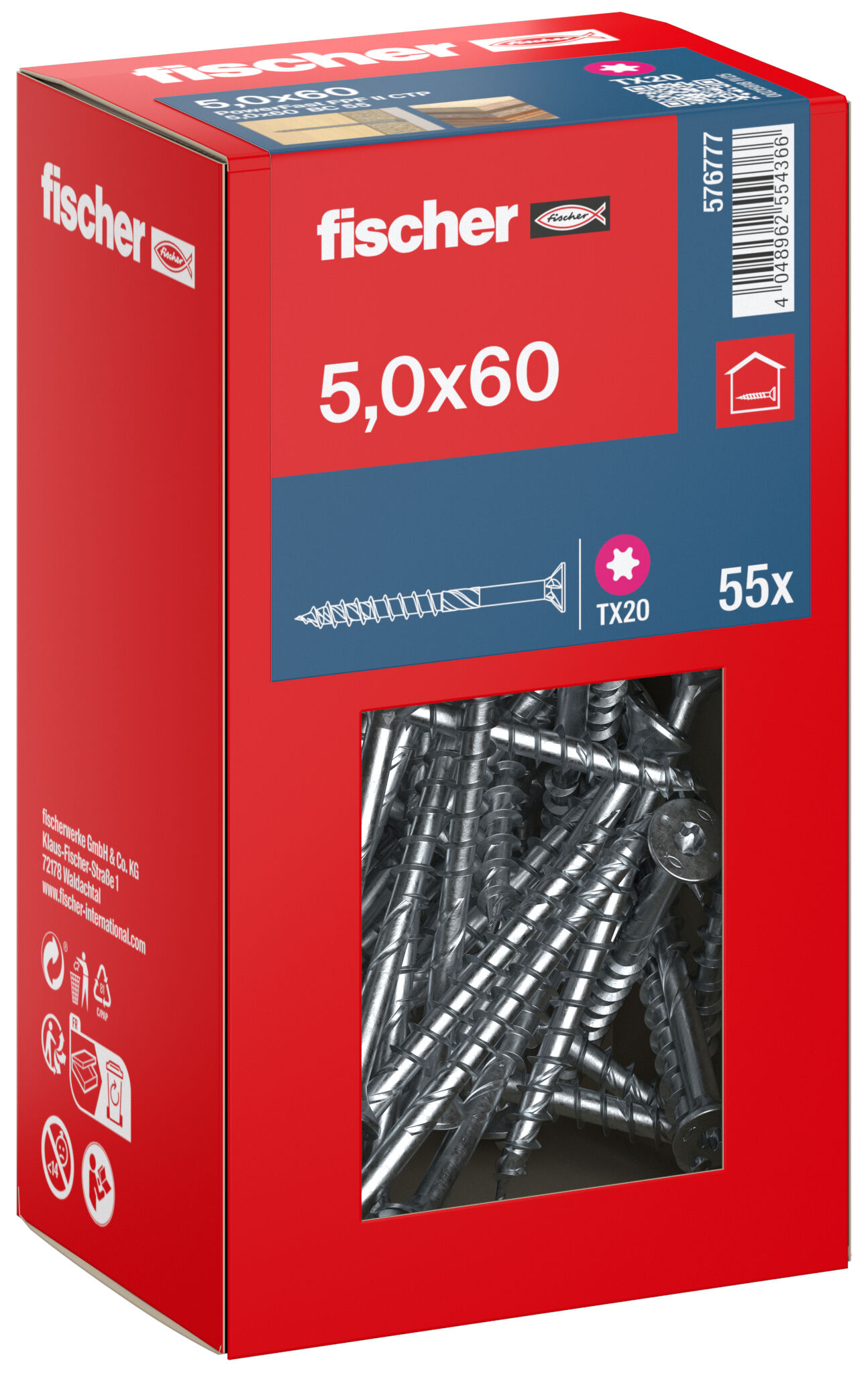 Packaging: "fischer chipboard screw PowerFast FPF II CTP 5.0 x 60 BC 55, countersunk head, TX drive, part thread, blue passivated"