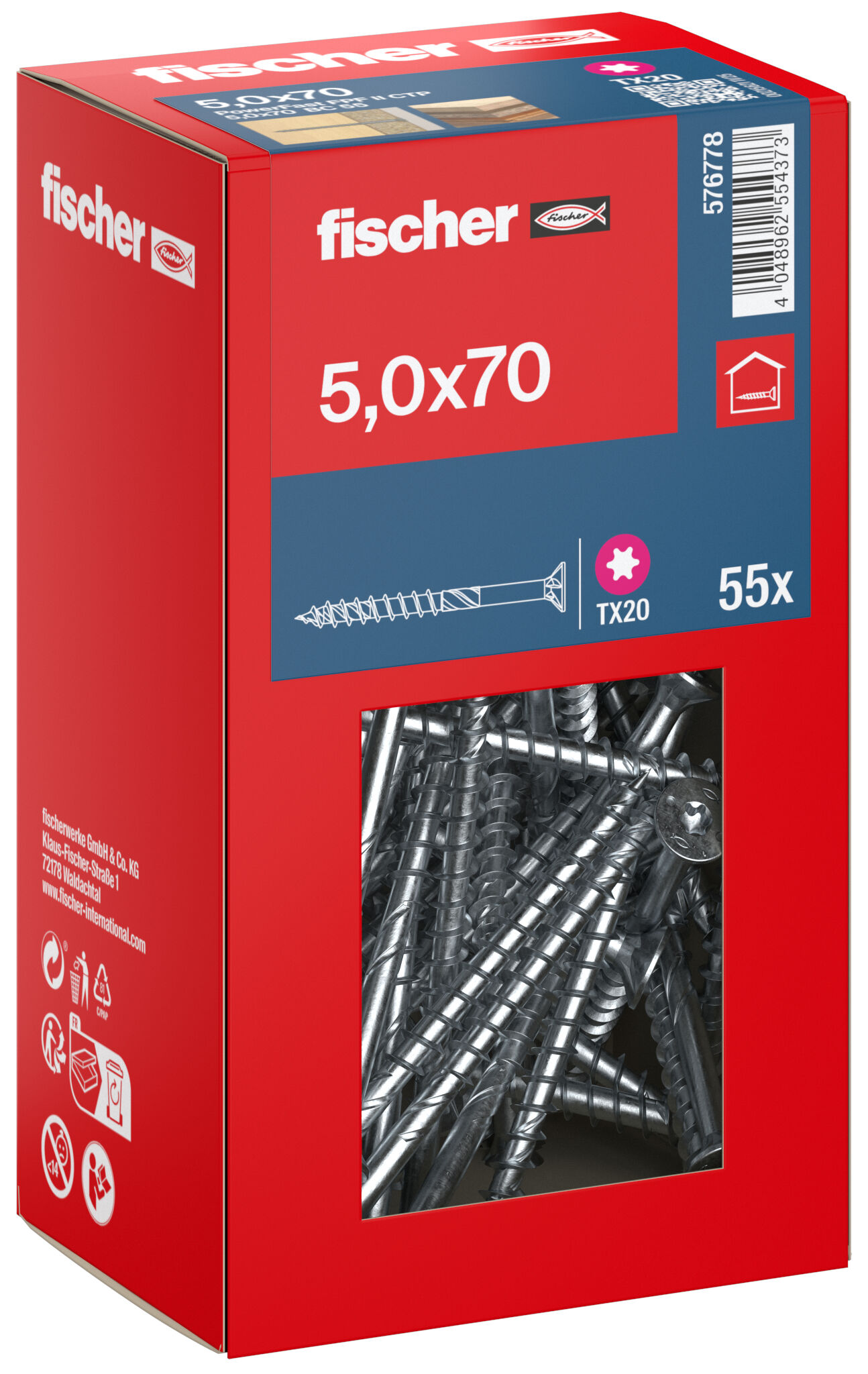 Packaging: "fischer chipboard screw PowerFast FPF II CTP 5.0 x 70 BC 55, countersunk head, TX drive, part thread, blue passivated"