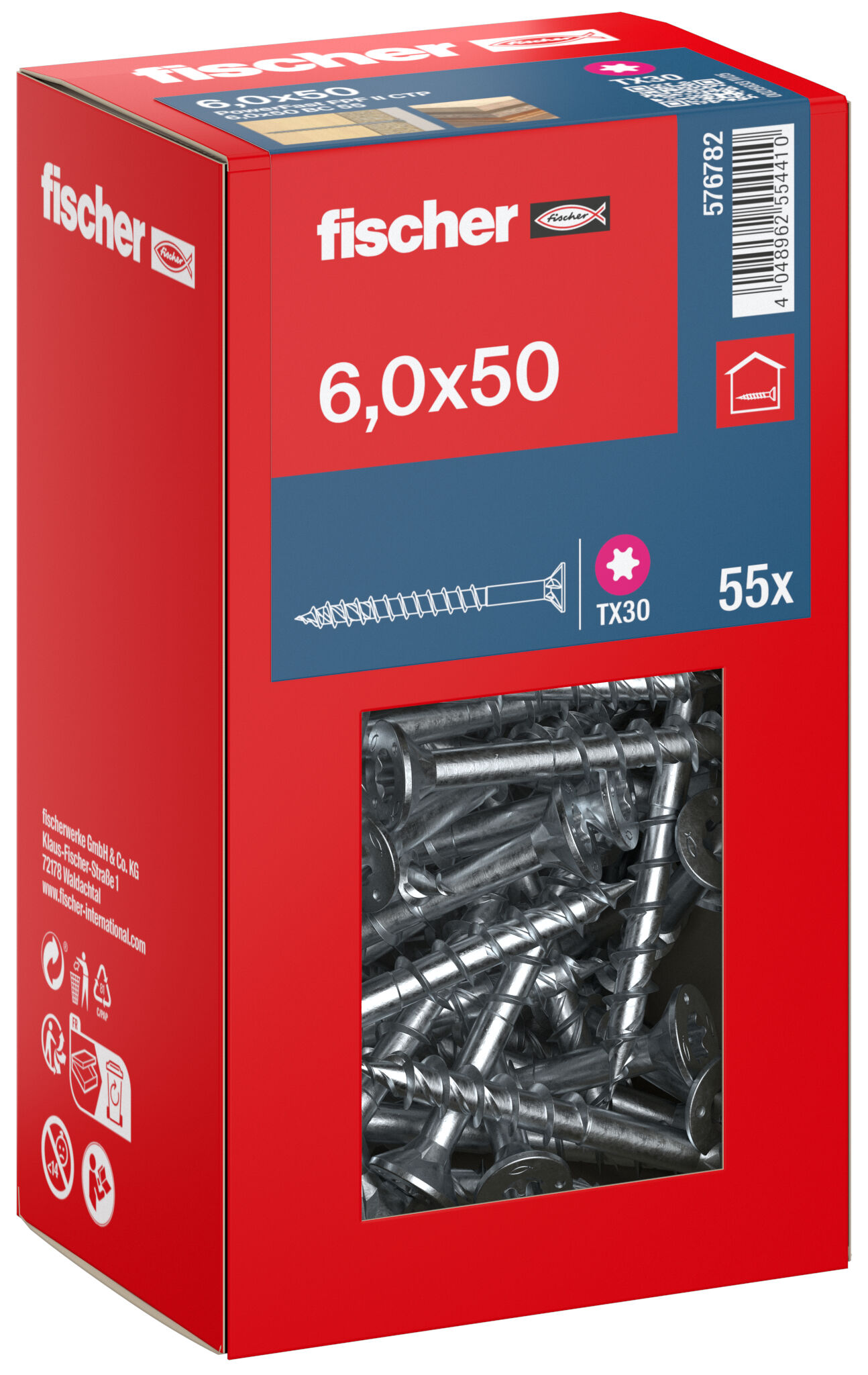 Packaging: "fischer chipboard screw PowerFast FPF II CTP 6.0 x 50 BC 55, countersunk head, TX drive, part thread, blue passivated"