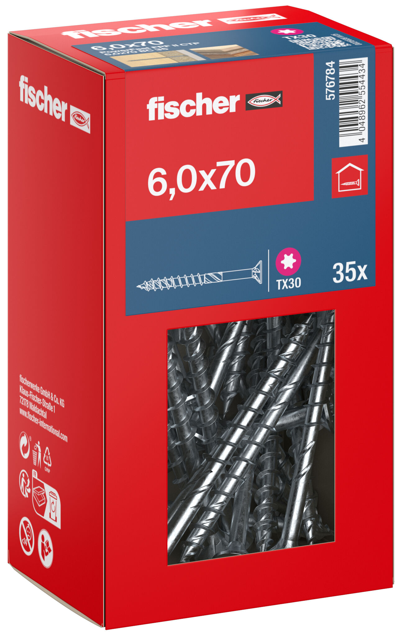 Packaging: "fischer chipboard screw PowerFast FPF II CTP 6.0 x 70 BC 35, countersunk head, TX drive, part thread, blue passivated"