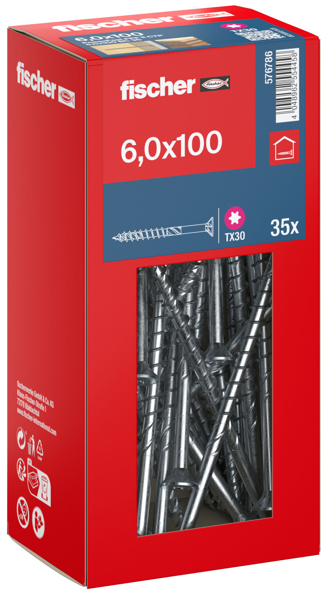 Packaging: "fischer chipboard screw PowerFast FPF II CTP 6.0 x 100 BC 35, countersunk head, TX drive, part thread, blue passivated"