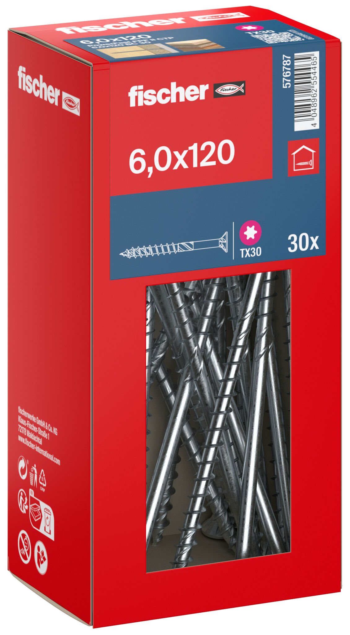 Packaging: "fischer chipboard screw PowerFast FPF II CTP 6.0 x 120 BC 30, countersunk head, TX drive, part thread, blue passivated"