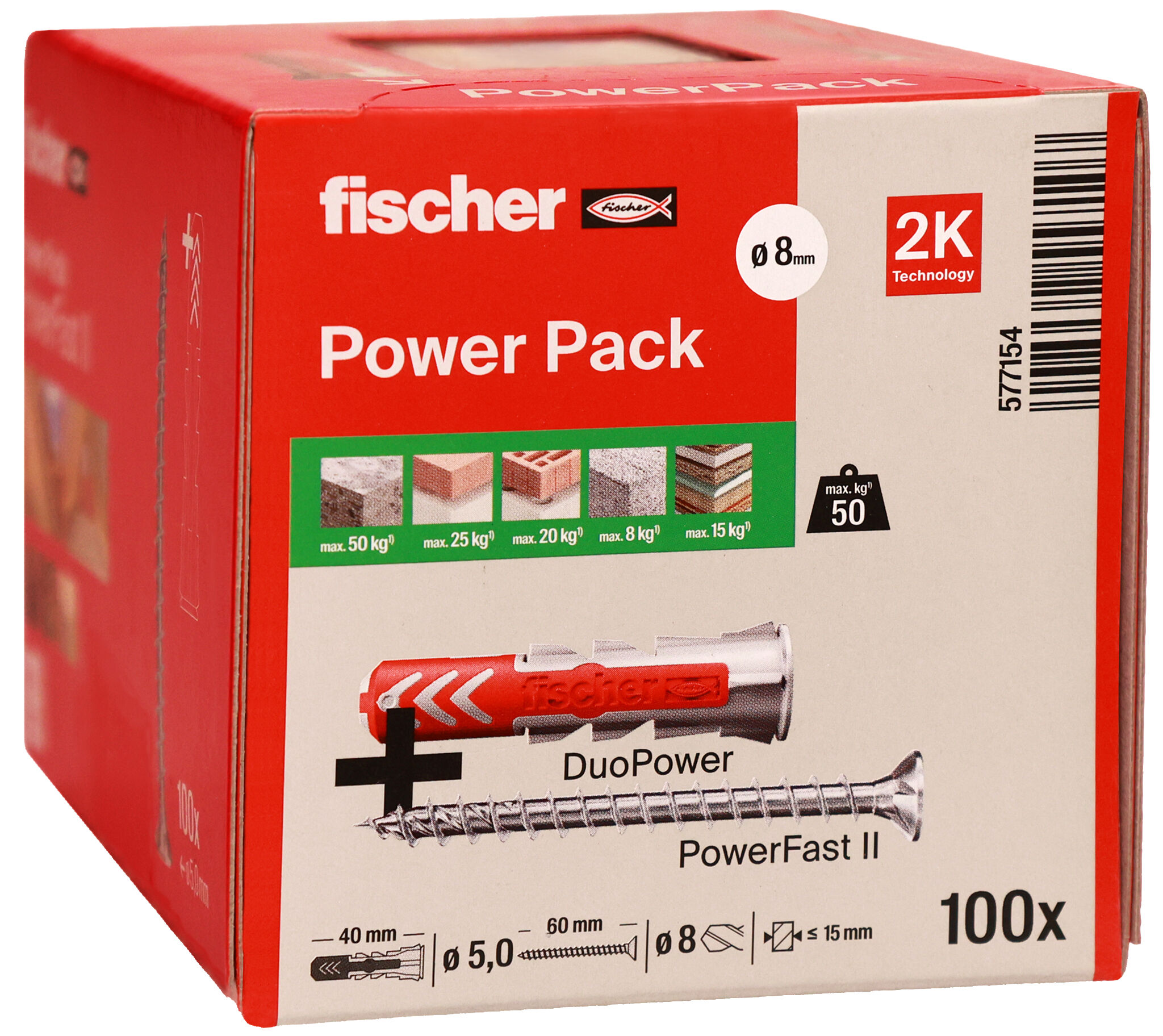 Packaging: "fischer universal plug DuoPower 8 x 40 with PowerFast II screw 5.0 x 60"