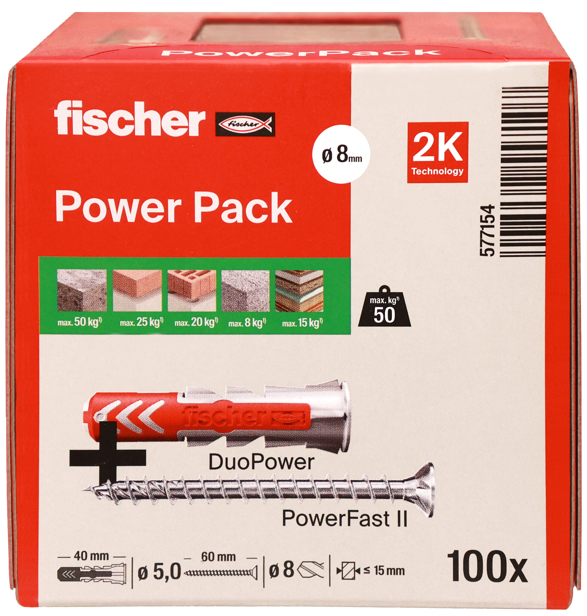 Packaging: "fischer universal plug DuoPower 8 x 40 with PowerFast II screw 5.0 x 60"