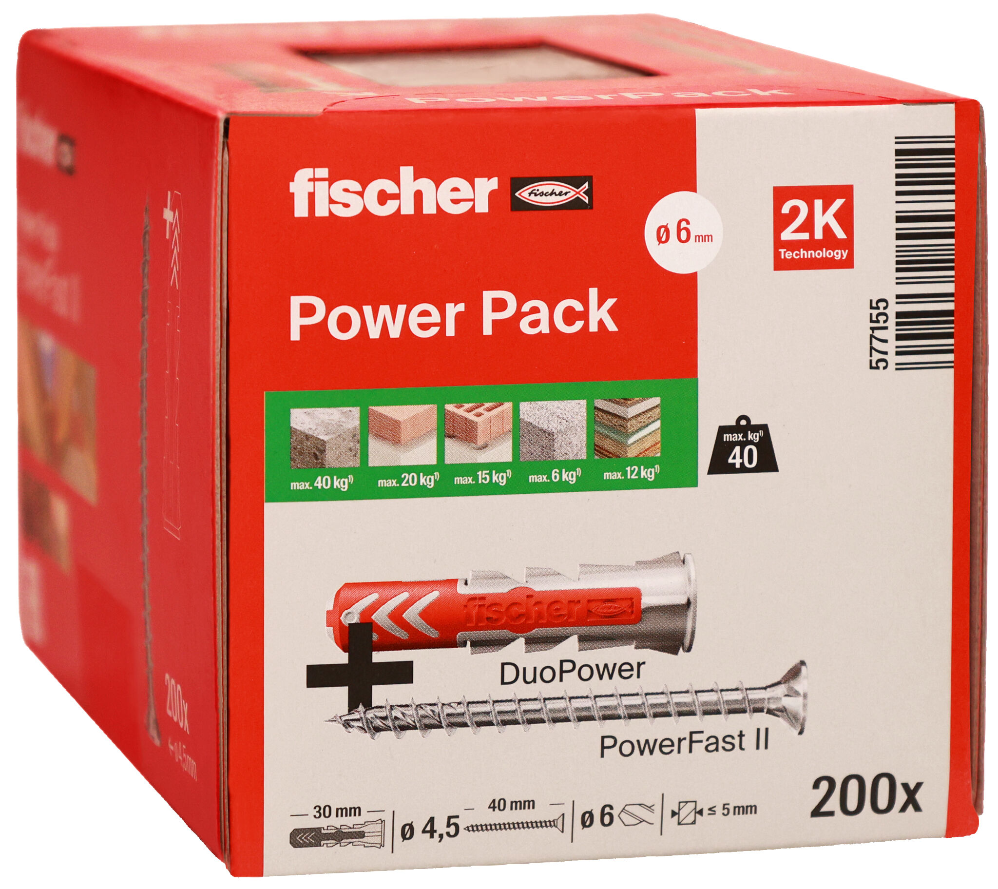 Packaging: "fischer universal plug DuoPower 6 x 30 with PowerFast II screw 4.5 x 40"