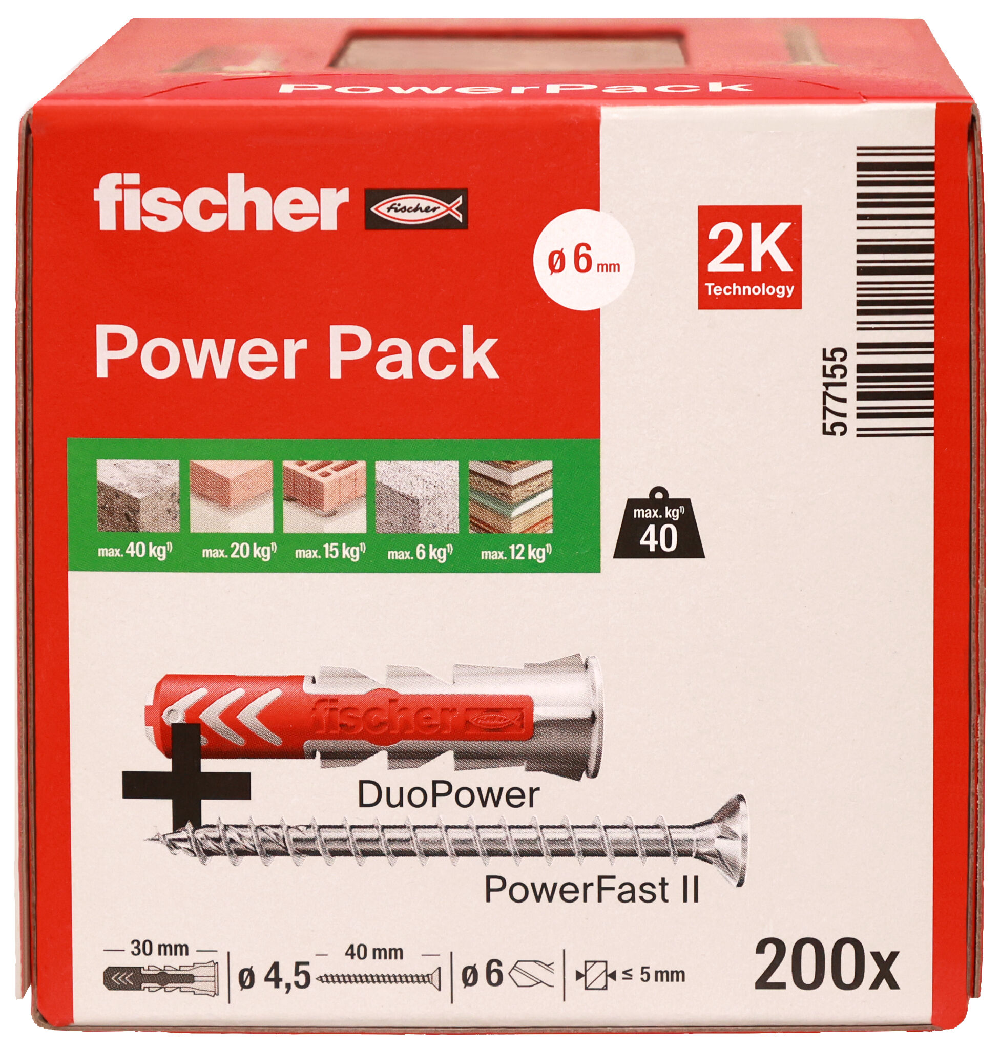 Packaging: "fischer universal plug DuoPower 6 x 30 with PowerFast II screw 4.5 x 40"