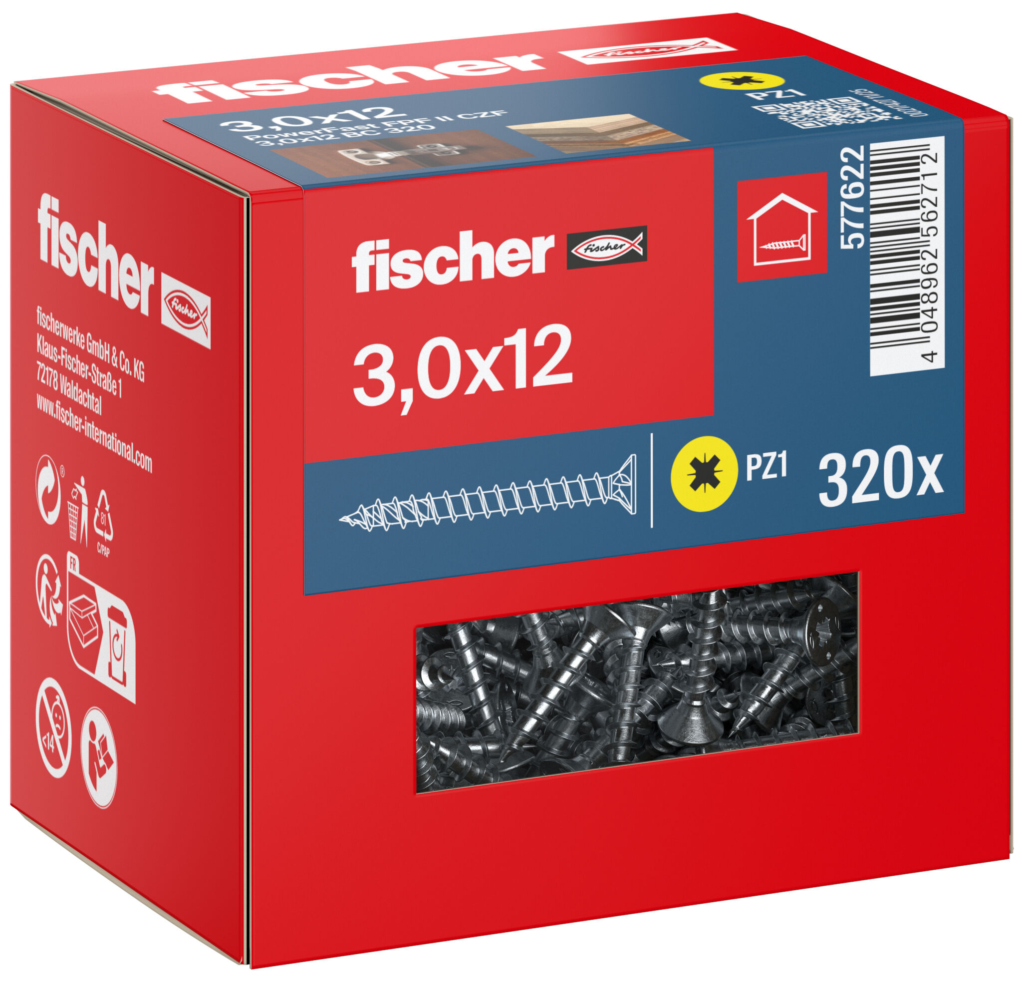 Packaging: "fischer chipboard screw PowerFast FPF II CZF 3.0 x 12 BC 320, countersunk head, cross drive PZ, full thread, blue passivated"
