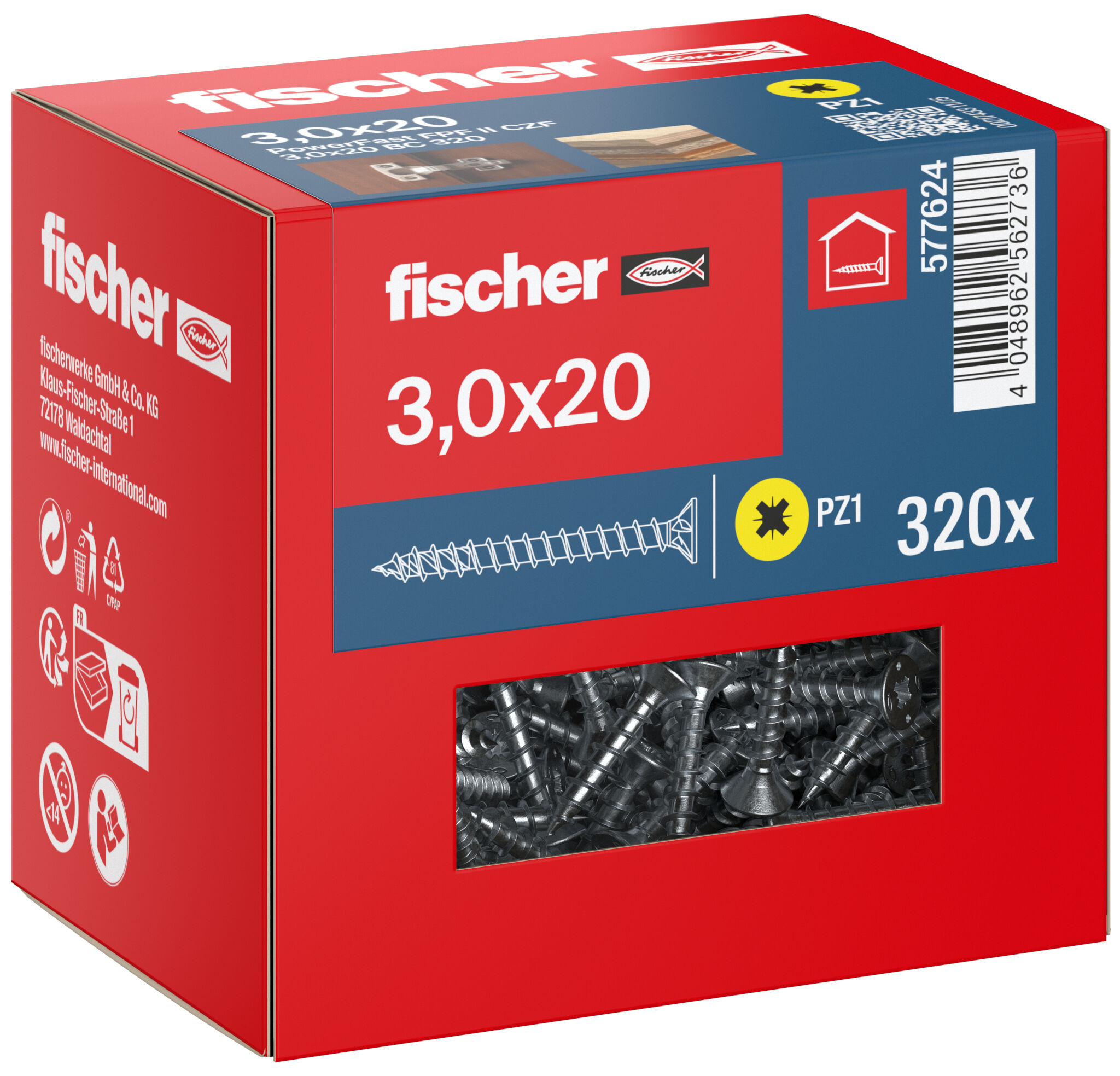 Packaging: "fischer chipboard screw PowerFast FPF II CZF 3.0 x 20 BC 320, countersunk head, cross drive PZ, full thread, blue passivated"