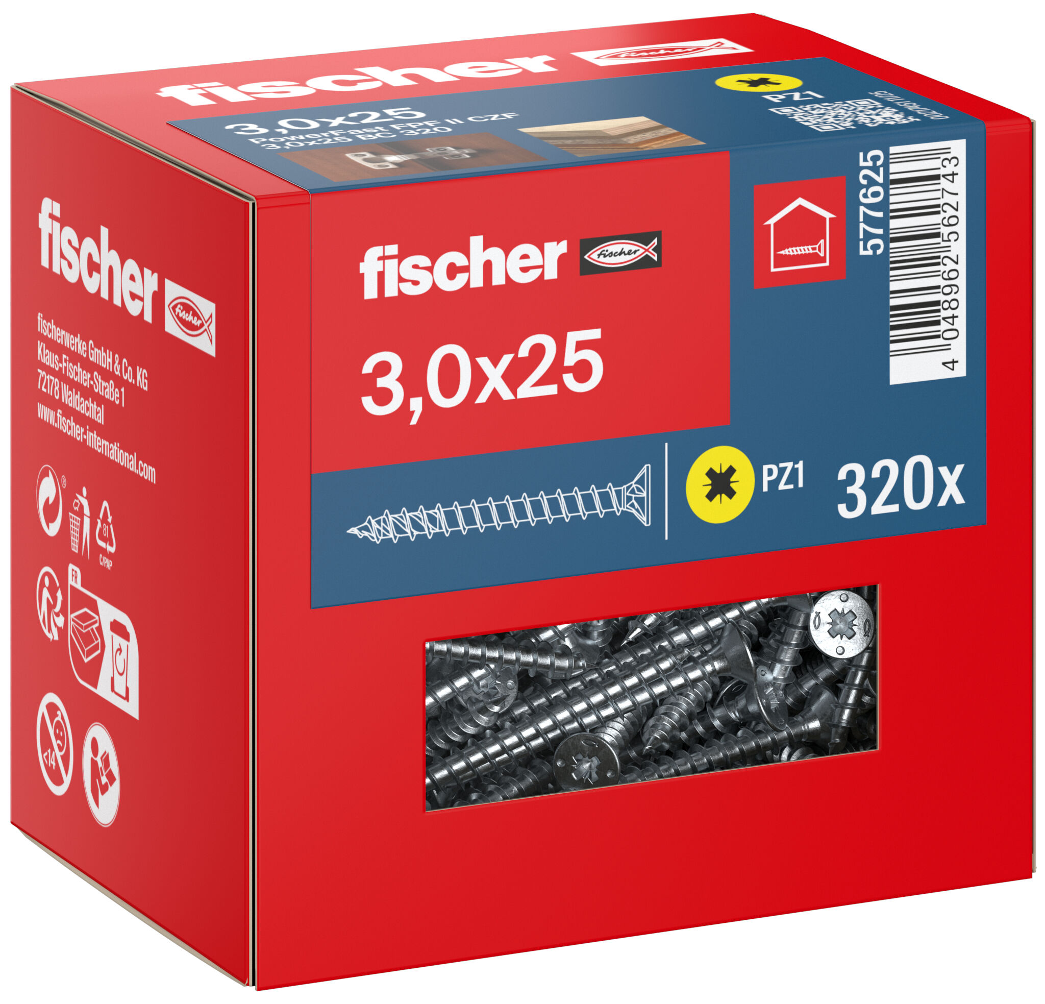 Packaging: "fischer chipboard screw PowerFast FPF II CZF 3.0 x 25 BC 320, countersunk head, cross drive PZ, full thread, blue passivated"