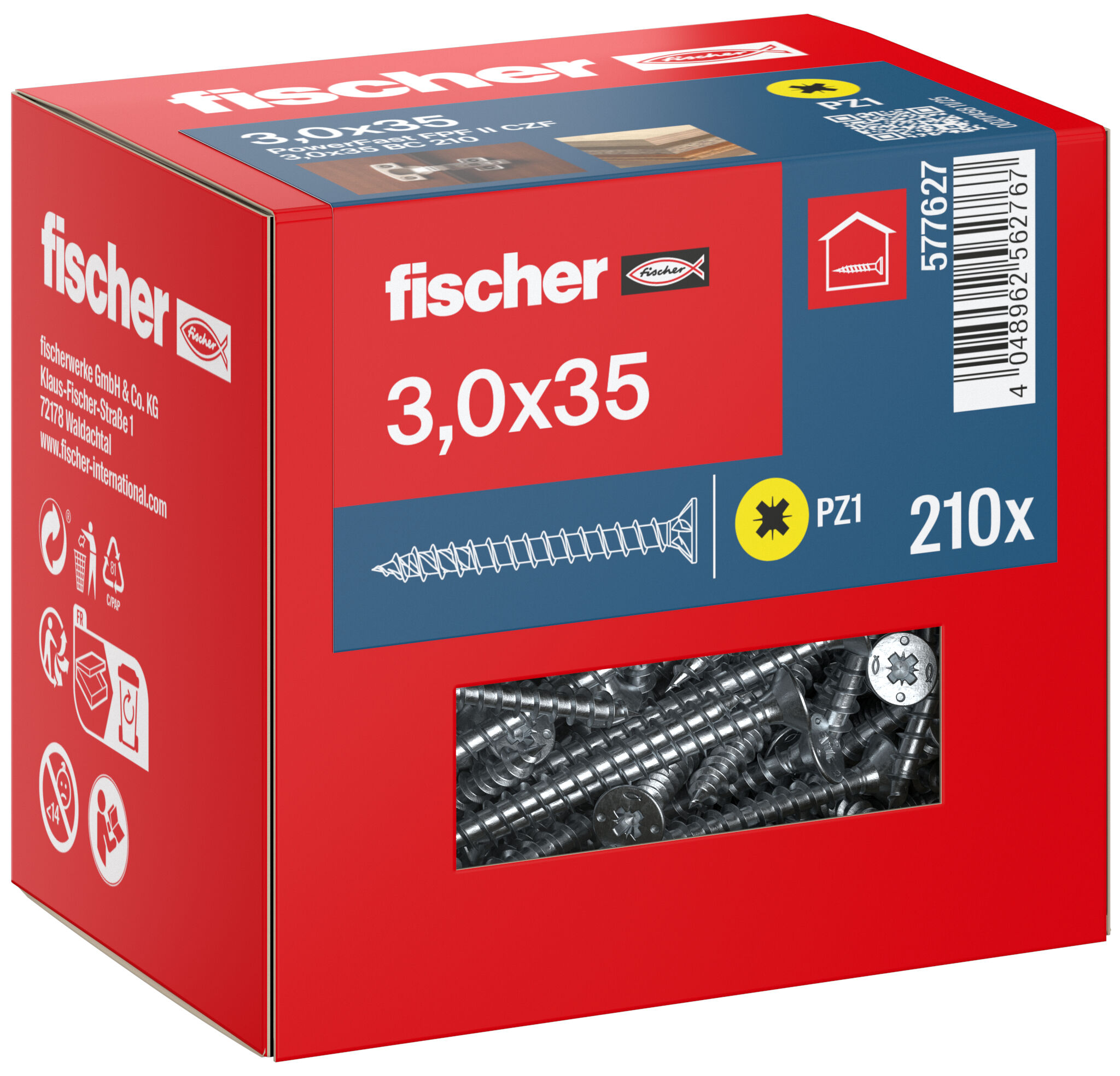Packaging: "fischer chipboard screw PowerFast FPF II CZF 3.0 x 35 BC 210, countersunk head, cross drive PZ, full thread, blue passivated"