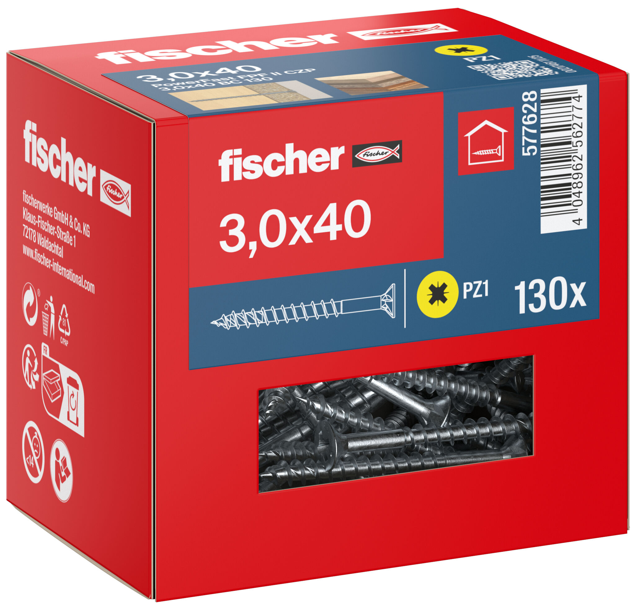 Packaging: "fischer chipboard screw PowerFast FPF II CZP 3.0 x 40 BC 130, countersunk head, cross drive PZ, part thread, blue passivated"