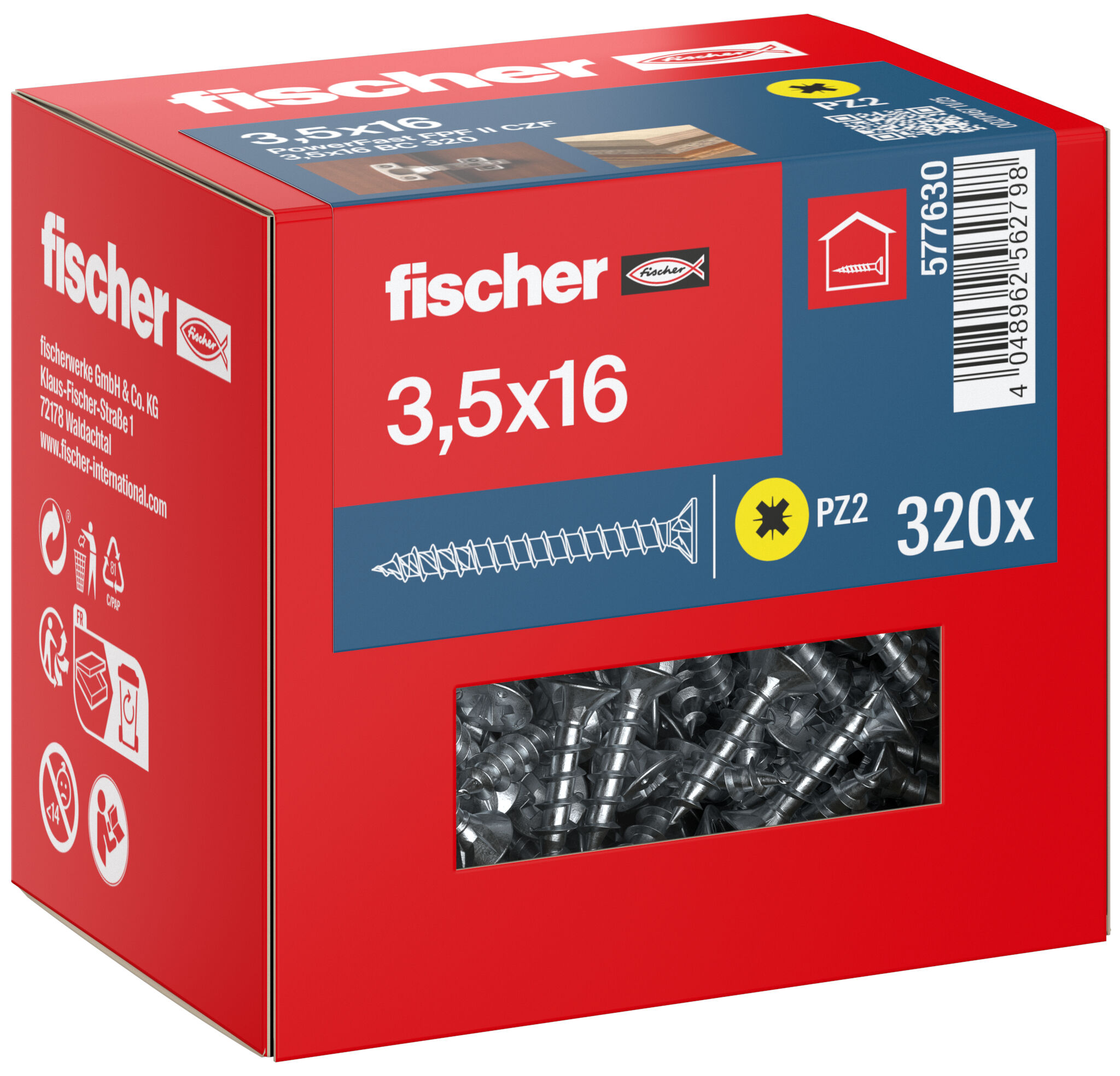 Packaging: "fischer chipboard screw PowerFast FPF II CZF 3.5 x 16 BC 320, countersunk head, cross drive PZ, full thread, blue passivated"