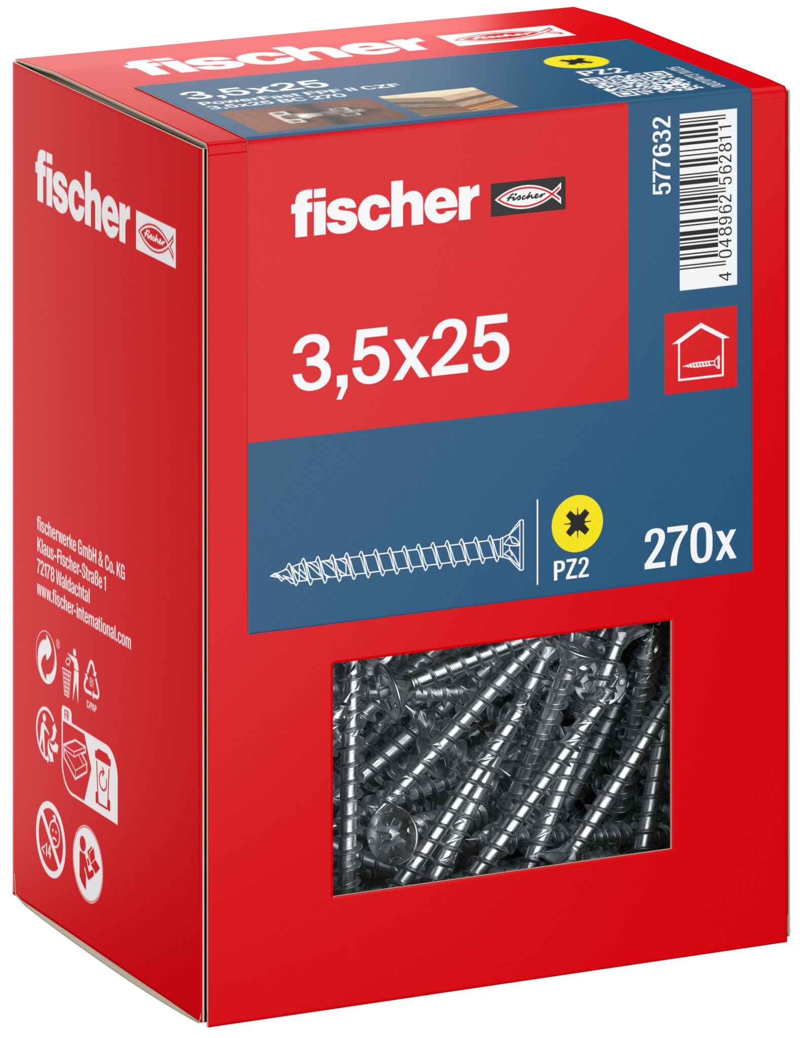 Packaging: "fischer chipboard screw PowerFast FPF II CZF 3.5 x 25 BC 270, countersunk head, cross drive PZ, full thread, blue passivated"