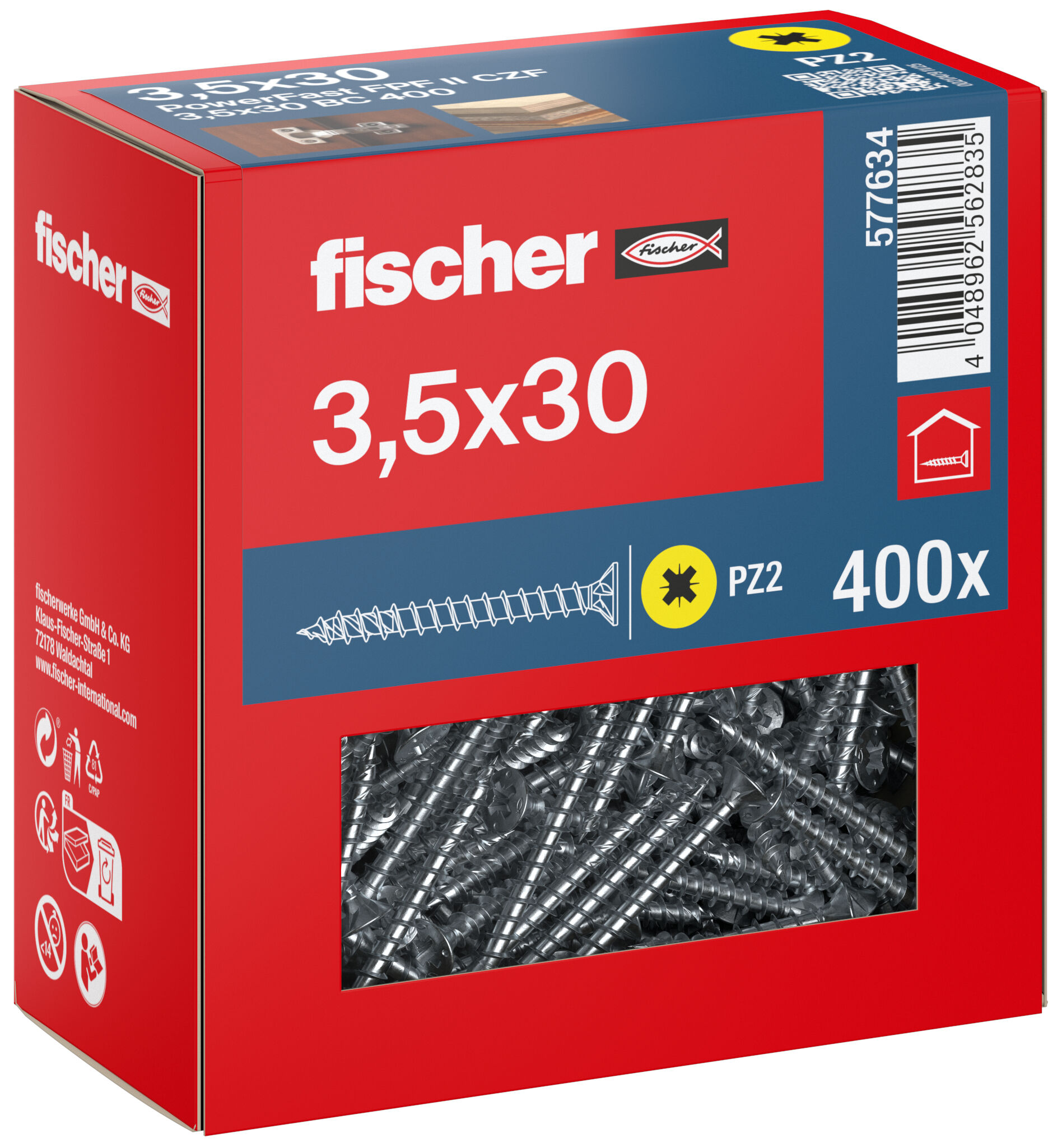 Packaging: "fischer chipboard screw PowerFast FPF II CZF 3.5 x 30 BC 400, countersunk head, cross drive PZ, full thread, blue passivated"