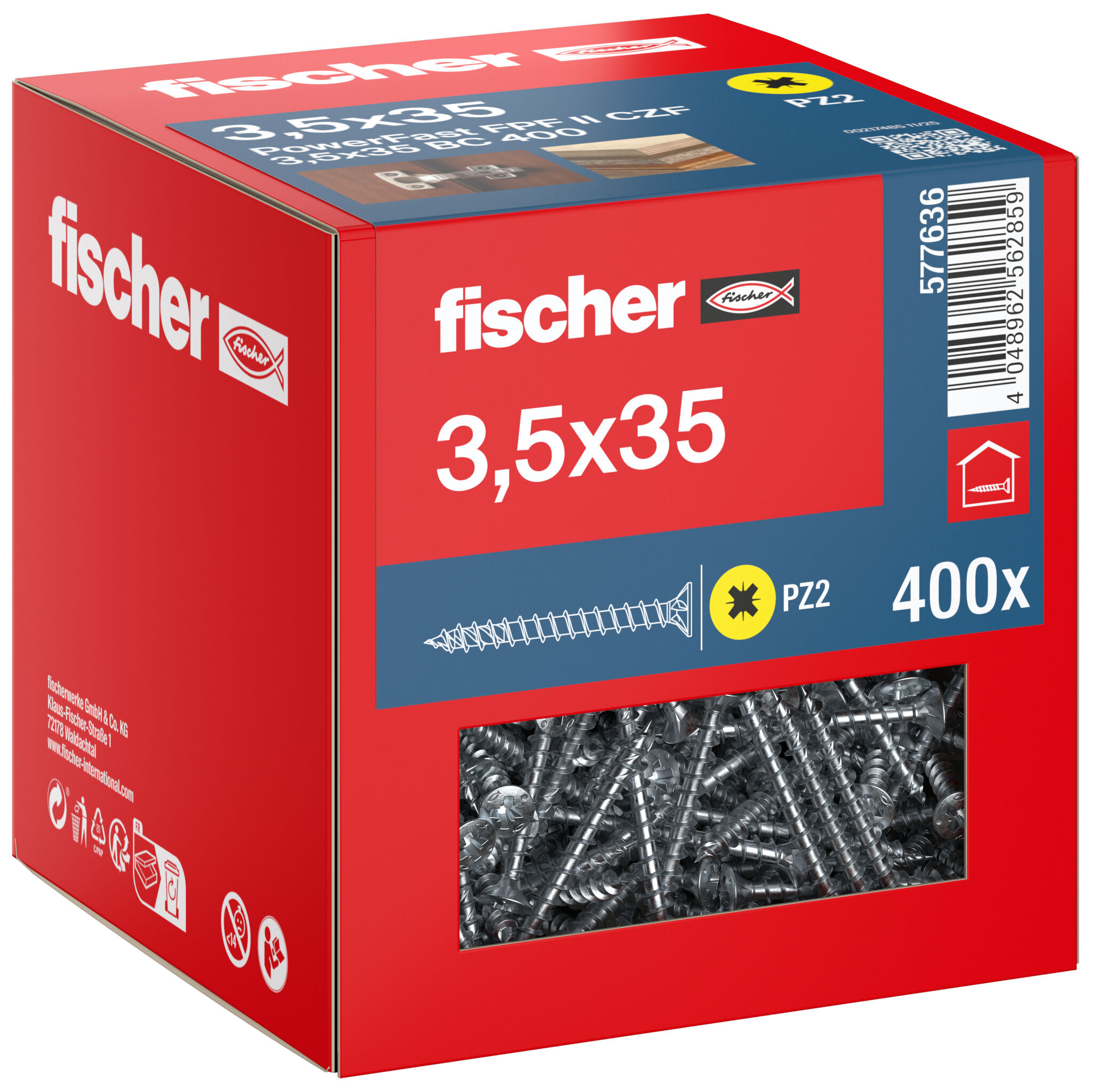 Packaging: "fischer chipboard screw PowerFast FPF II CZF 3.5 x 35 BC 400, countersunk head, cross drive PZ, full thread, blue passivated"