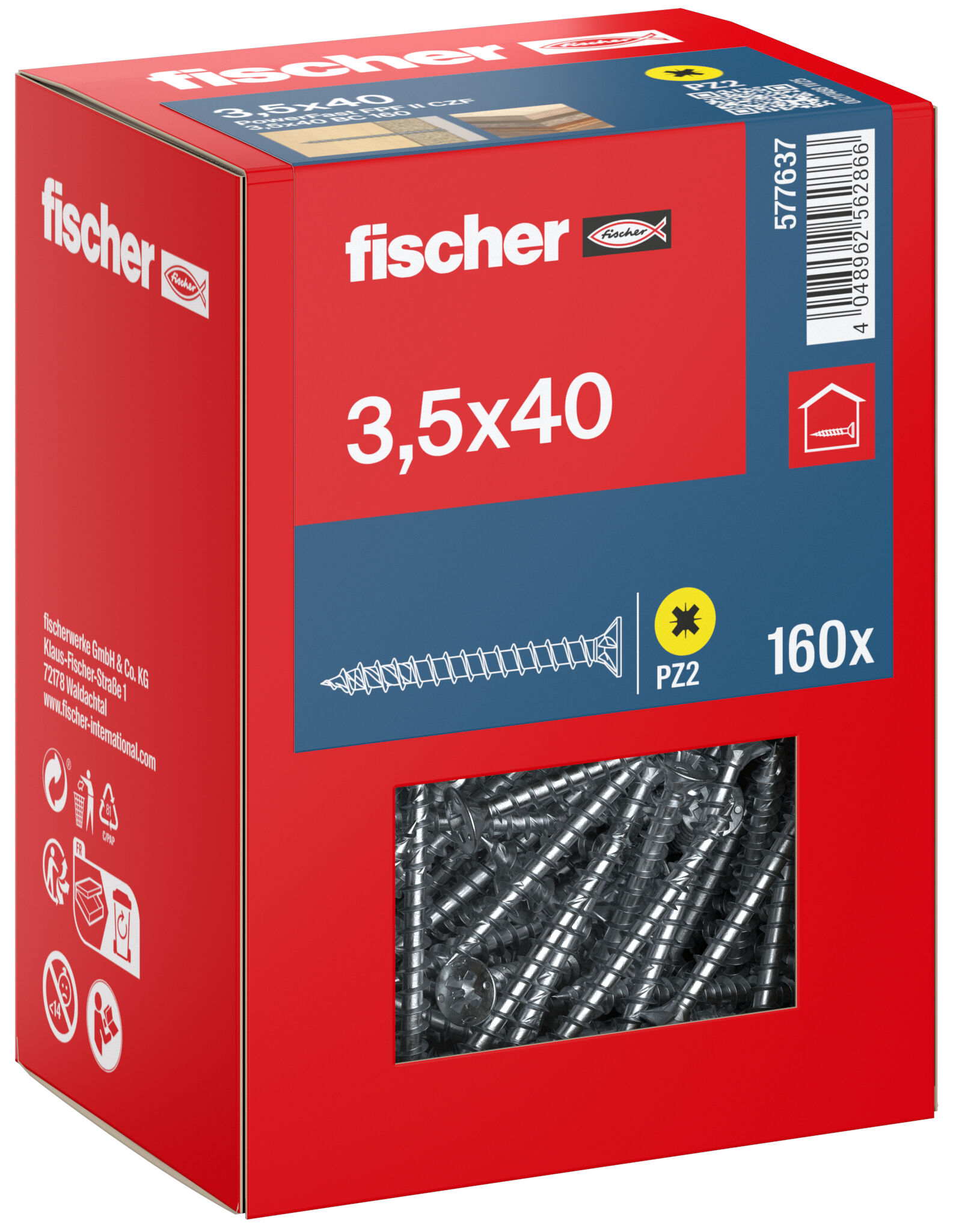Packaging: "fischer chipboard screw PowerFast FPF II CZF 3.5 x 40 BC 160, countersunk head, cross drive PZ, full thread, blue passivated"