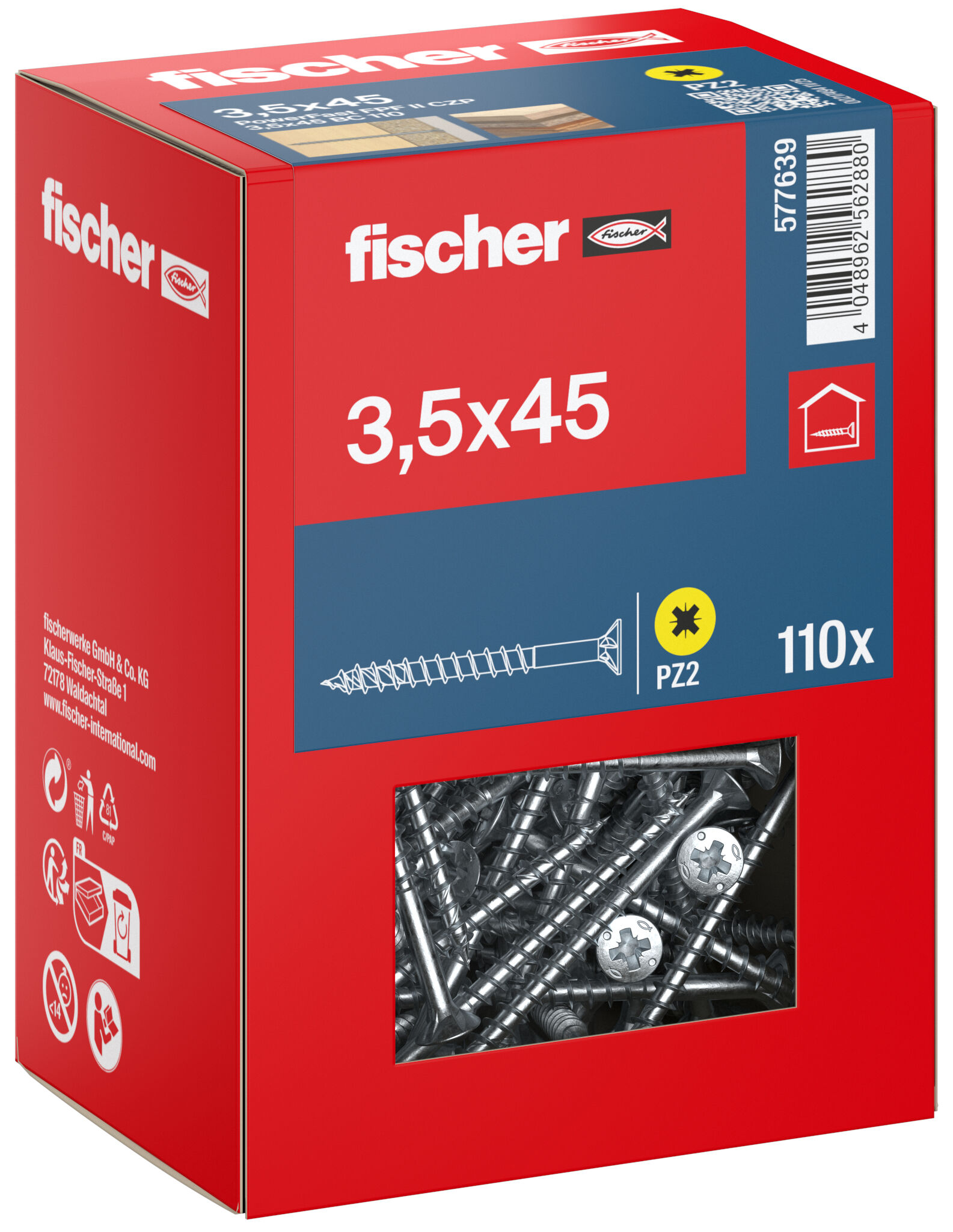 Packaging: "fischer chipboard screw PowerFast FPF II CZP 3.5 x 45 BC 110, countersunk head, cross drive PH, part thread, blue passivated"
