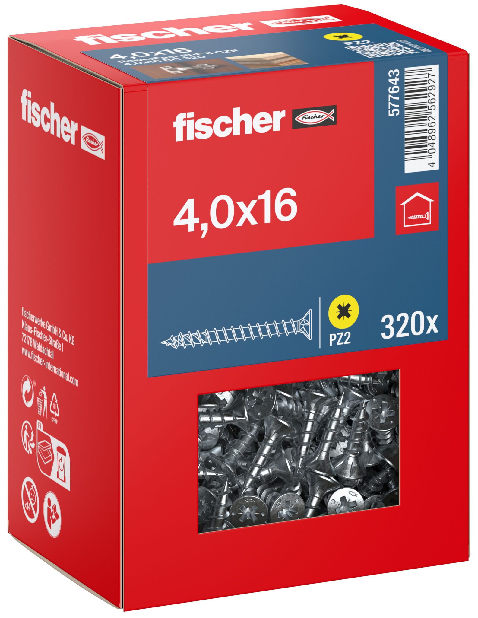 Packaging: "fischer chipboard screw PowerFast FPF II CZF 4.0 x 16 BC 320, countersunk head, cross drive PZ, full thread, blue passivated"