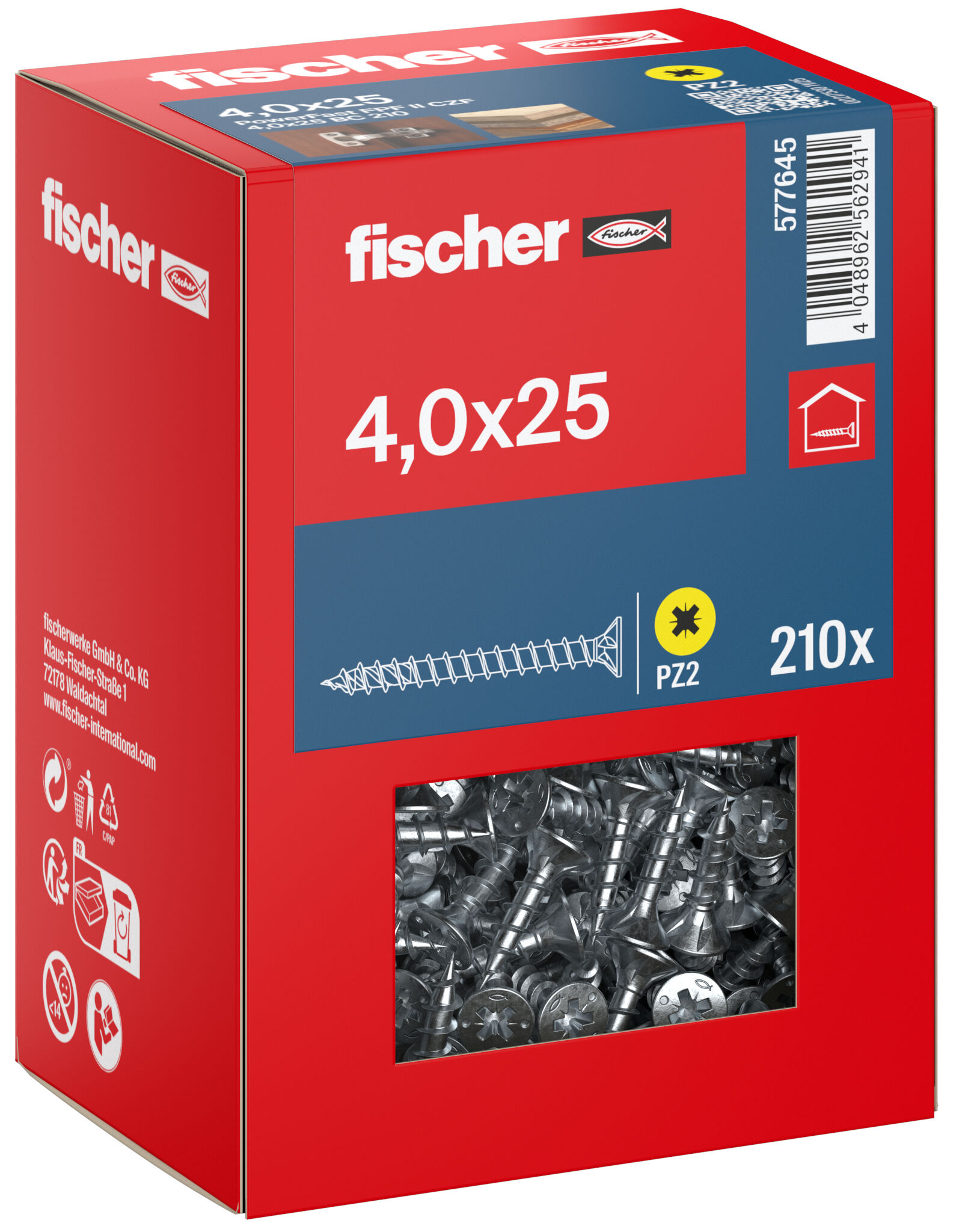 Packaging: "fischer chipboard screw PowerFast FPF II CZF 4.0 x 25 BC 210, countersunk head, cross drive PZ, full thread, blue passivated"