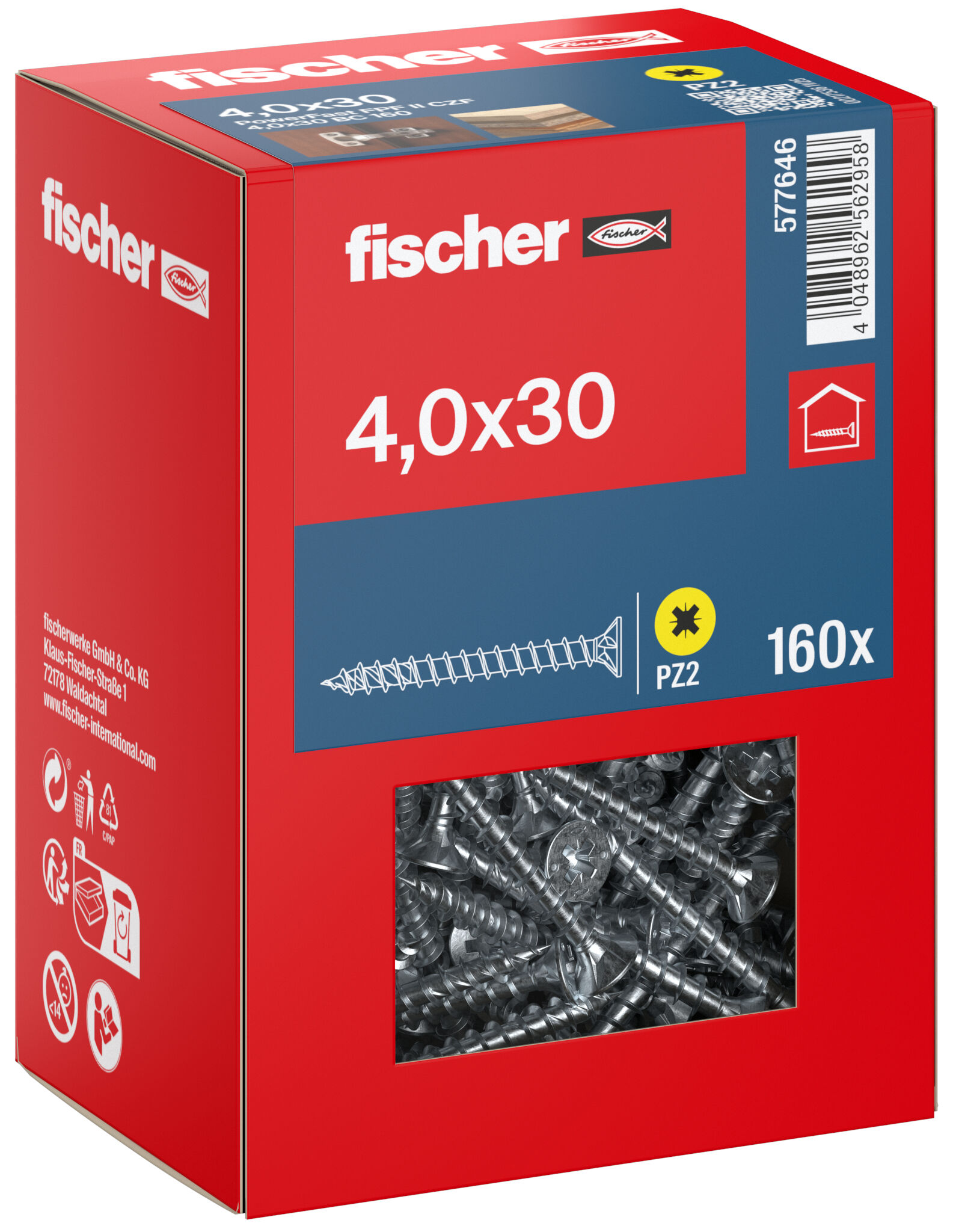Packaging: "fischer chipboard screw PowerFast FPF II CZF 4.0 x 30 BC 160, countersunk head, cross drive PZ, full thread, blue passivated"