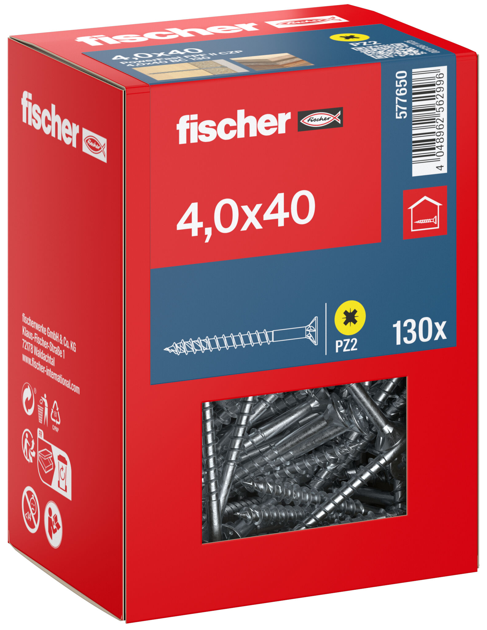 Packaging: "fischer chipboard screw PowerFast FPF II CZP 4.0 x 40 BC 130, countersunk head, cross drive PH, part thread, blue passivated"