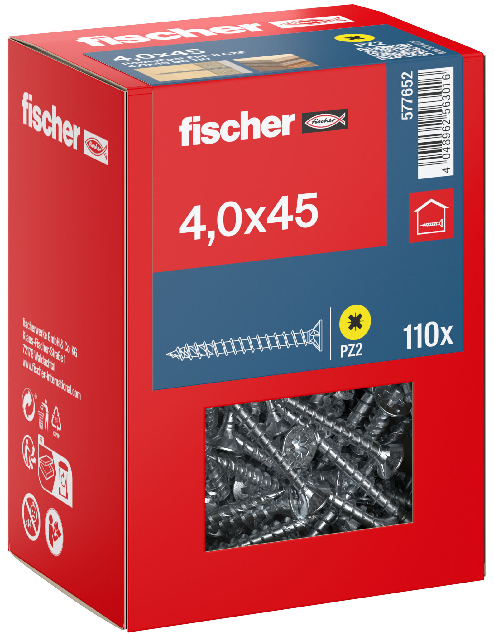 Packaging: "fischer chipboard screw PowerFast FPF II CZF 4.0 x 45 BC 110, countersunk head, cross drive PZ, full thread, blue passivated"