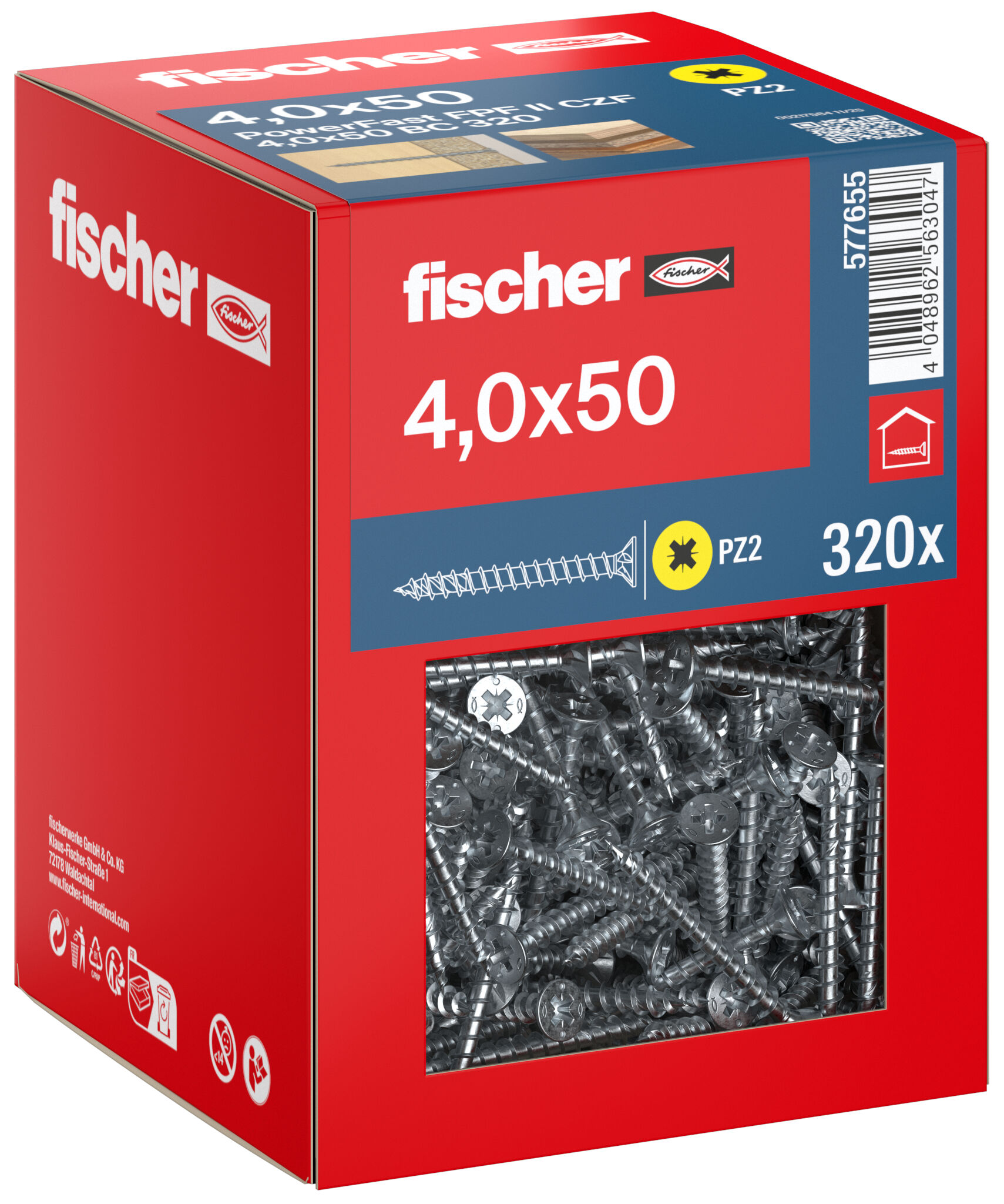 Packaging: "fischer chipboard screw PowerFast FPF II CZF 4.0 x 50 BC 320, countersunk head, cross drive PZ, full thread, blue passivated"