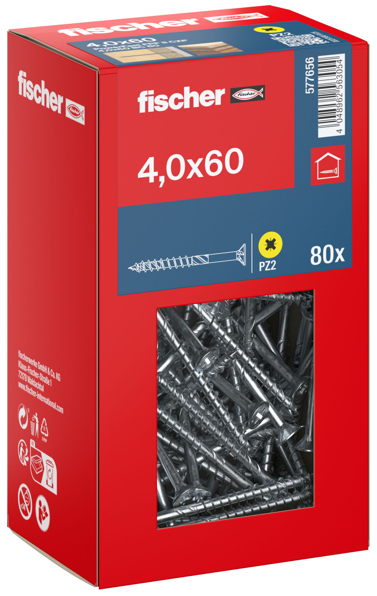 Packaging: "fischer chipboard screw PowerFast FPF II CZP 4.0 x 60 BC 80, countersunk head, cross drive PH, part thread, blue passivated"