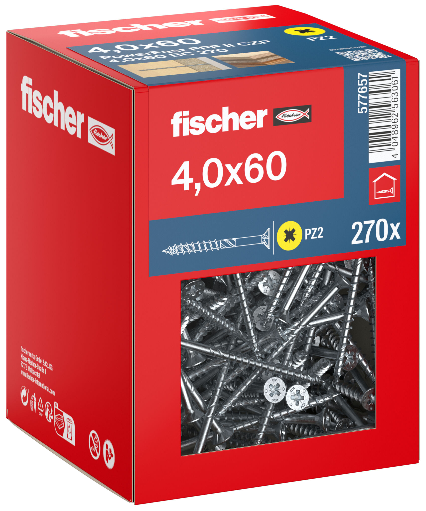 Packaging: "fischer chipboard screw PowerFast FPF II CZP 4.0 x 60 BC 270, countersunk head, cross drive PH, part thread, blue passivated"