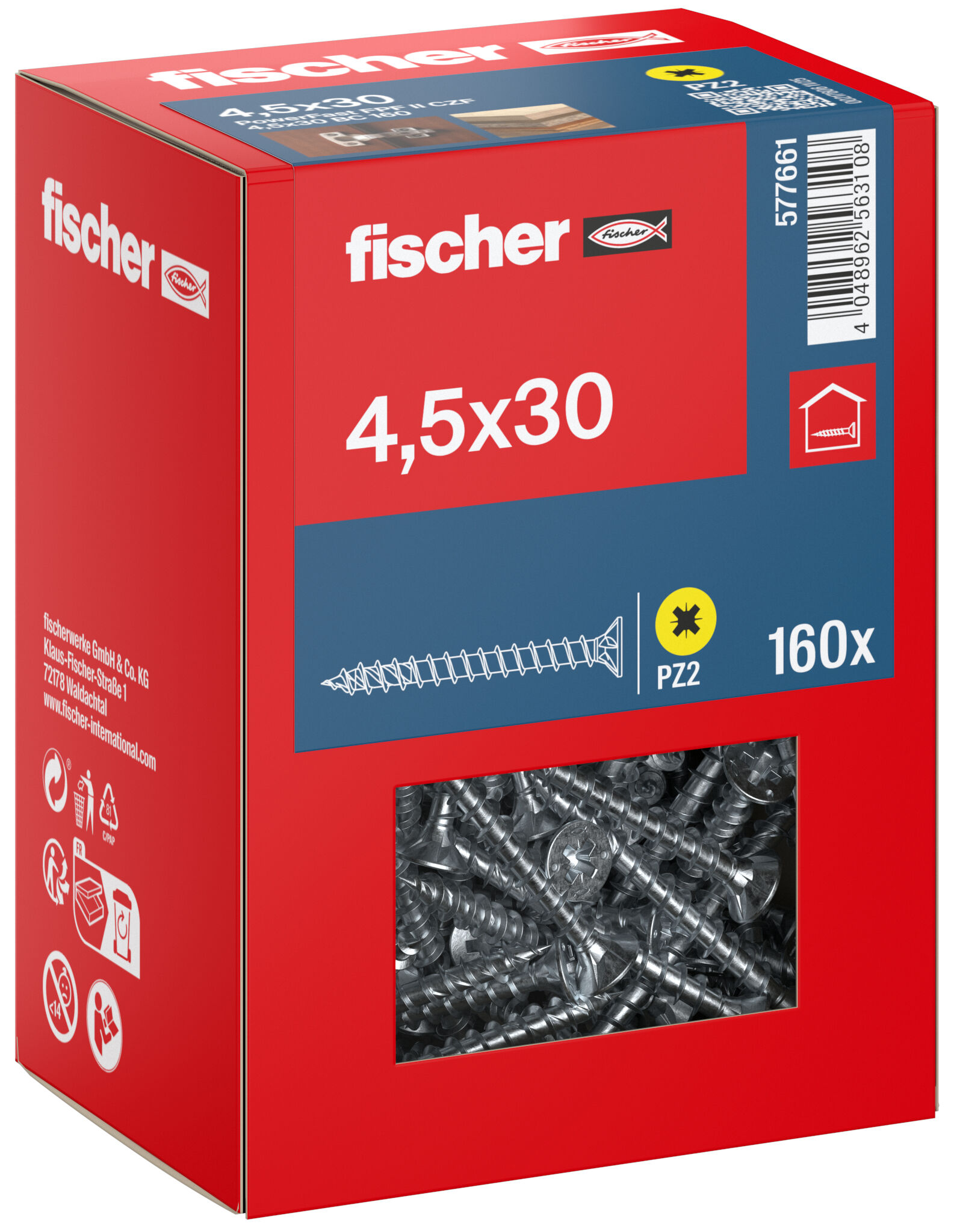 Packaging: "fischer chipboard screw PowerFast FPF II CZF 4.5 x 30 BC 160, countersunk head, cross drive PZ, full thread, blue passivated"