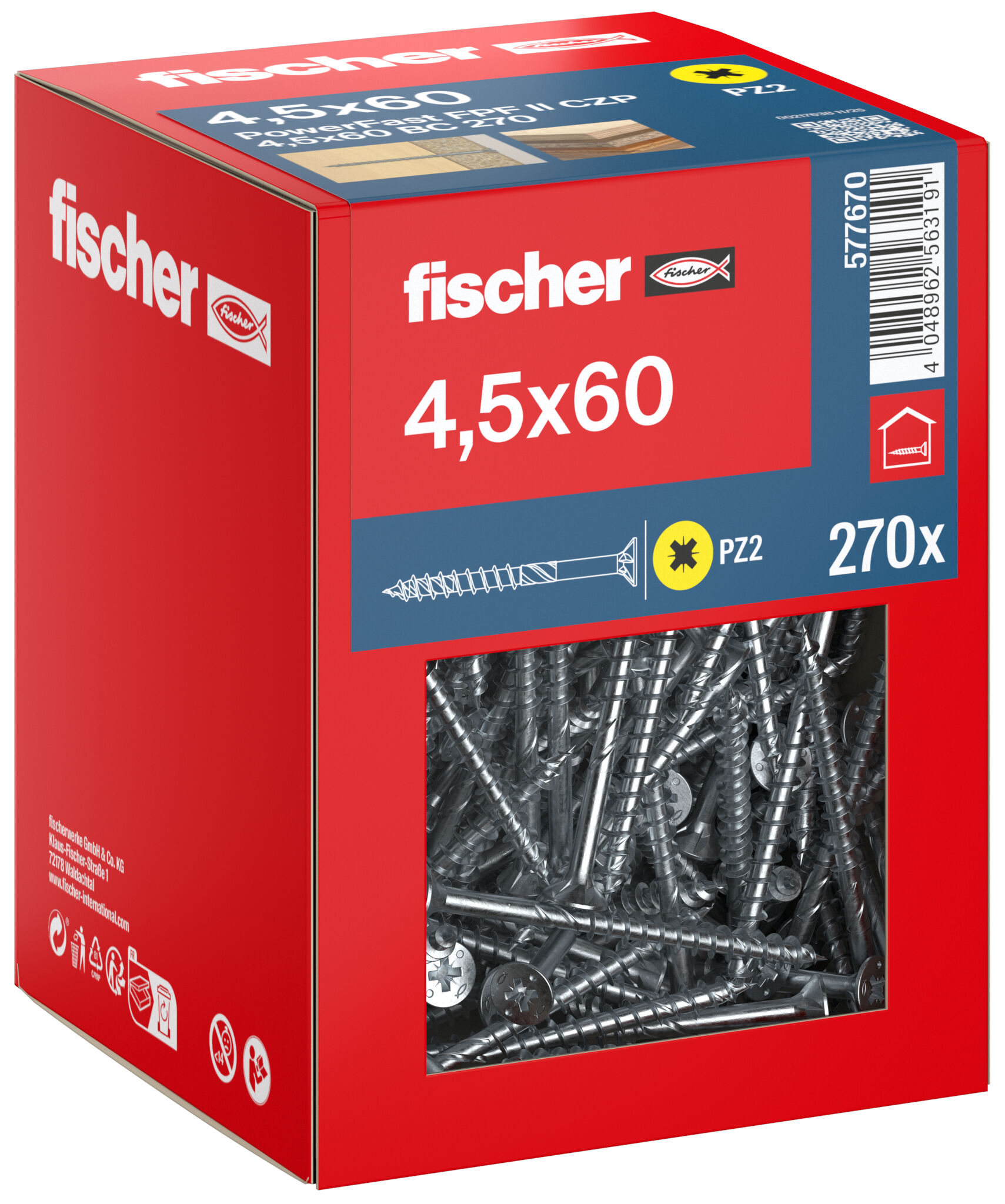 Packaging: "fischer chipboard screw PowerFast FPF II CZP 4.5 x 60 BC 270, countersunk head, cross drive PH, part thread, blue passivated"