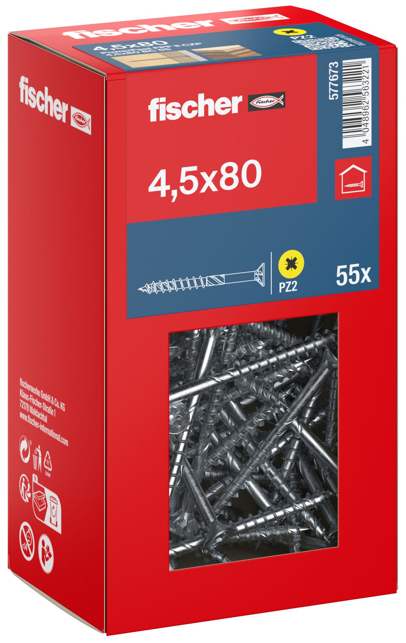 Packaging: "fischer chipboard screw PowerFast FPF II CZP 4.5 x 80 BC 55, countersunk head, cross drive PH, part thread, blue passivated"