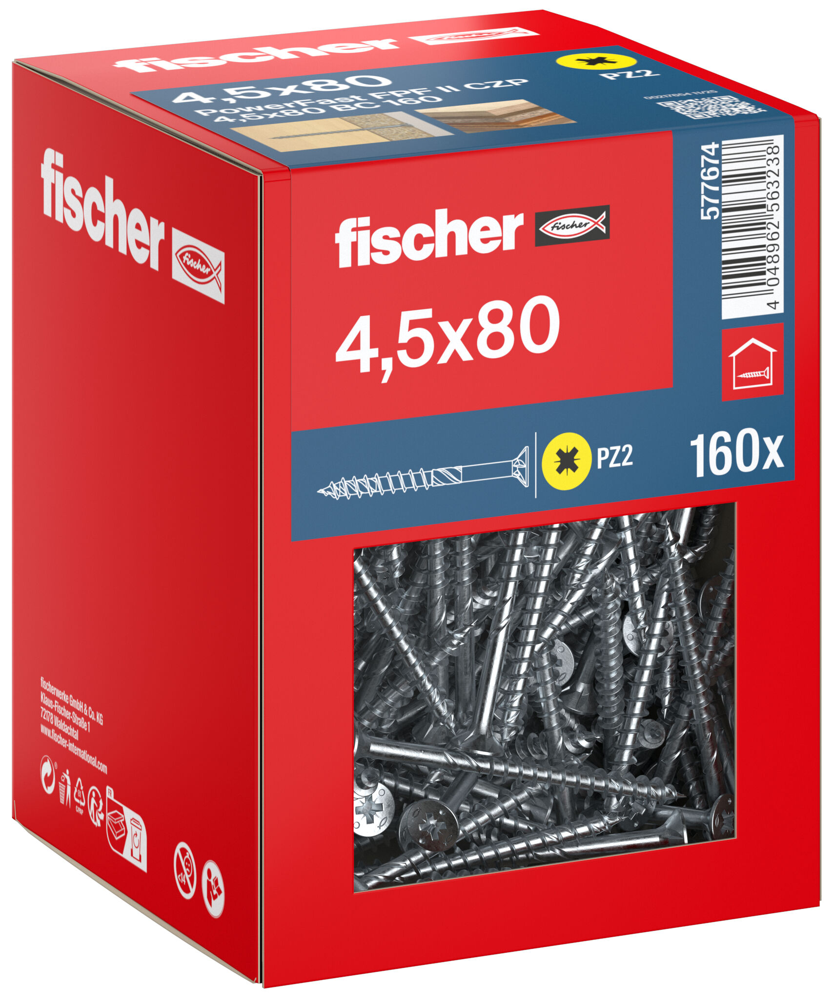 Packaging: "fischer chipboard screw PowerFast FPF II CZP 4.5 x 80 BC 160, countersunk head, cross drive PH, part thread, blue passivated"