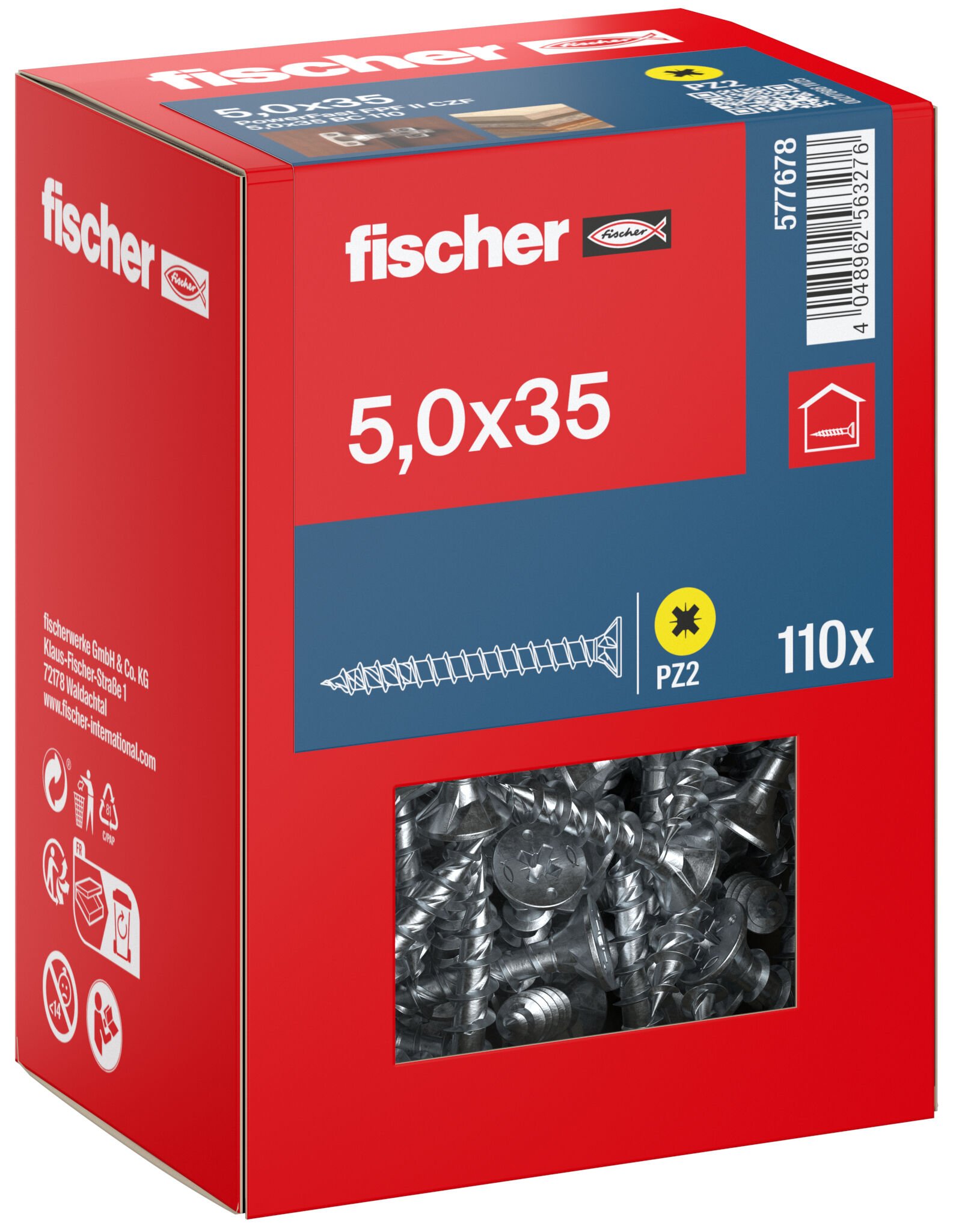 Packaging: "fischer chipboard screw PowerFast FPF II CZF 5.0 x 35 BC 110, countersunk head, cross drive PZ, full thread, blue passivated"