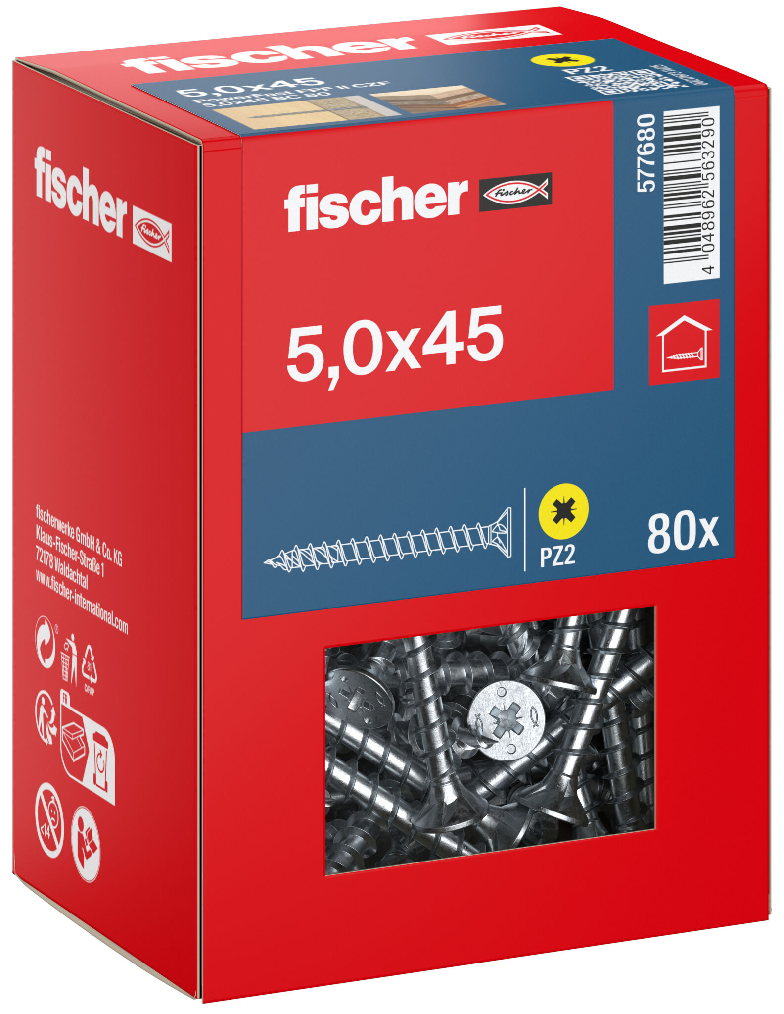 Packaging: "fischer chipboard screw PowerFast FPF II CZF 5.0 x 45 BC 80, countersunk head, cross drive PZ, full thread, blue passivated"