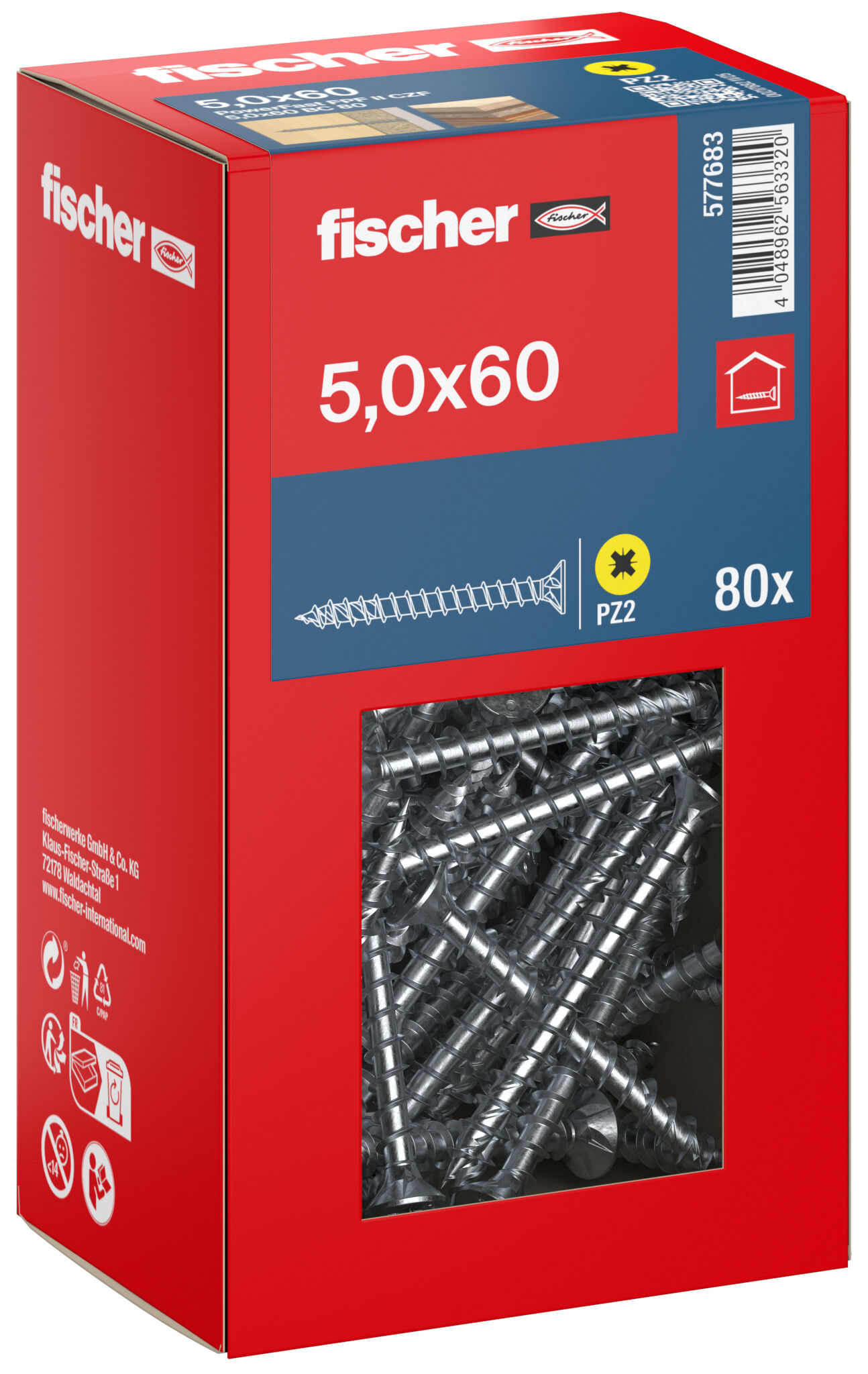 Packaging: "fischer chipboard screw PowerFast FPF II CZF 5.0 x 60 BC 80, countersunk head, cross drive PZ, full thread, blue passivated"