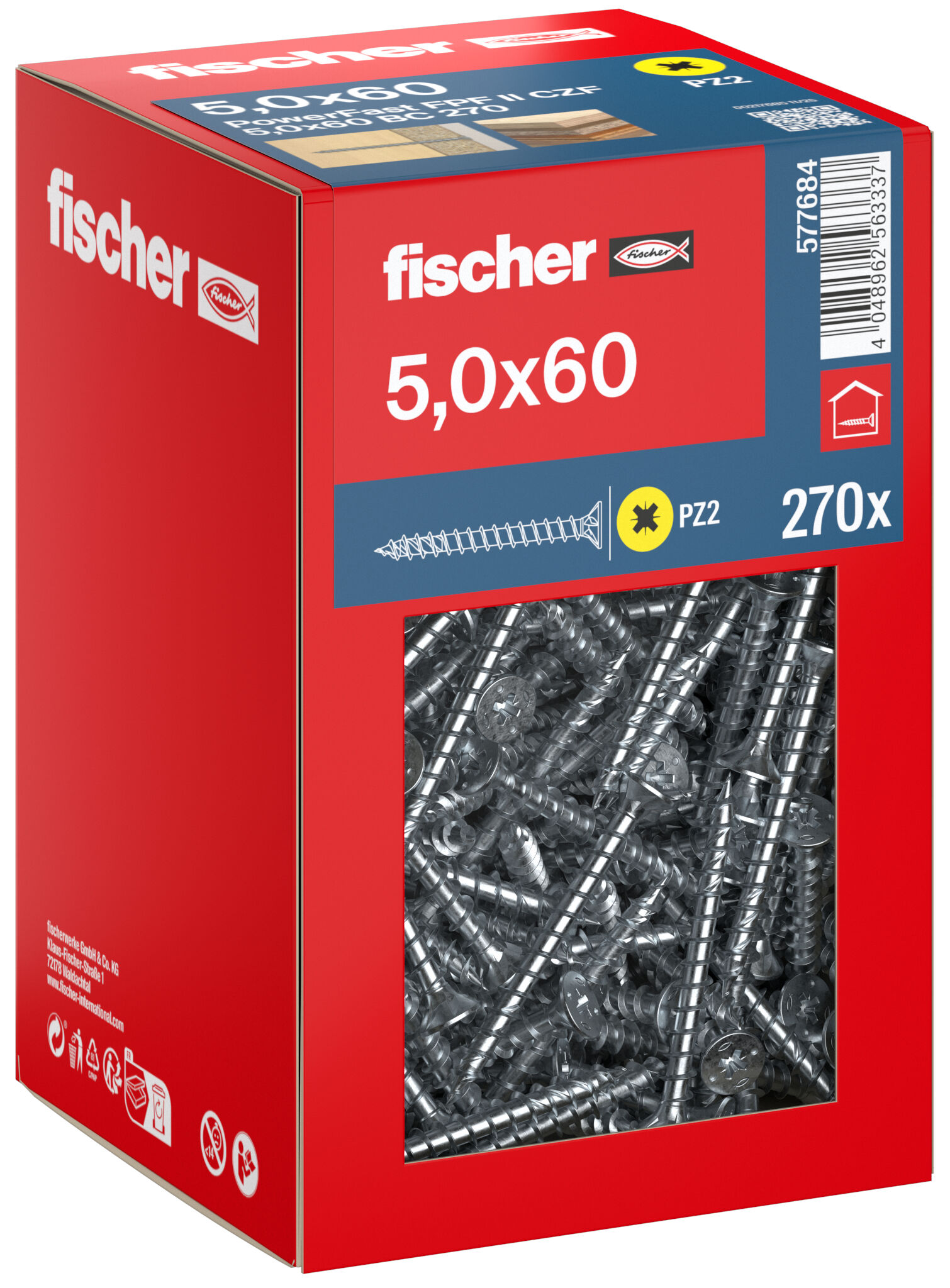 Packaging: "fischer chipboard screw PowerFast FPF II CZF 5.0 x 60 BC 270, countersunk head, cross drive PZ, full thread, blue passivated"