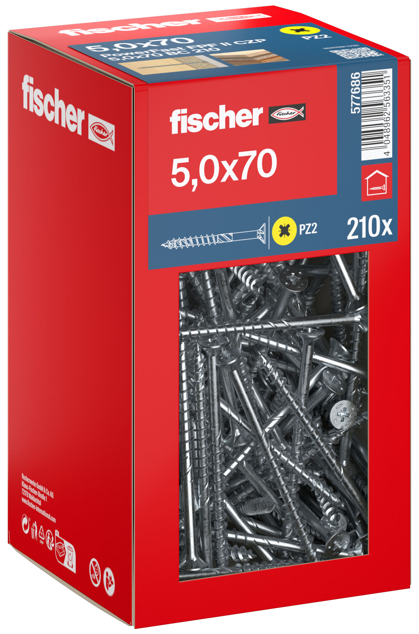 Packaging: "fischer chipboard screw PowerFast FPF II CZP 5.0 x 70 BC 210, countersunk head, cross drive PH, part thread, blue passivated"