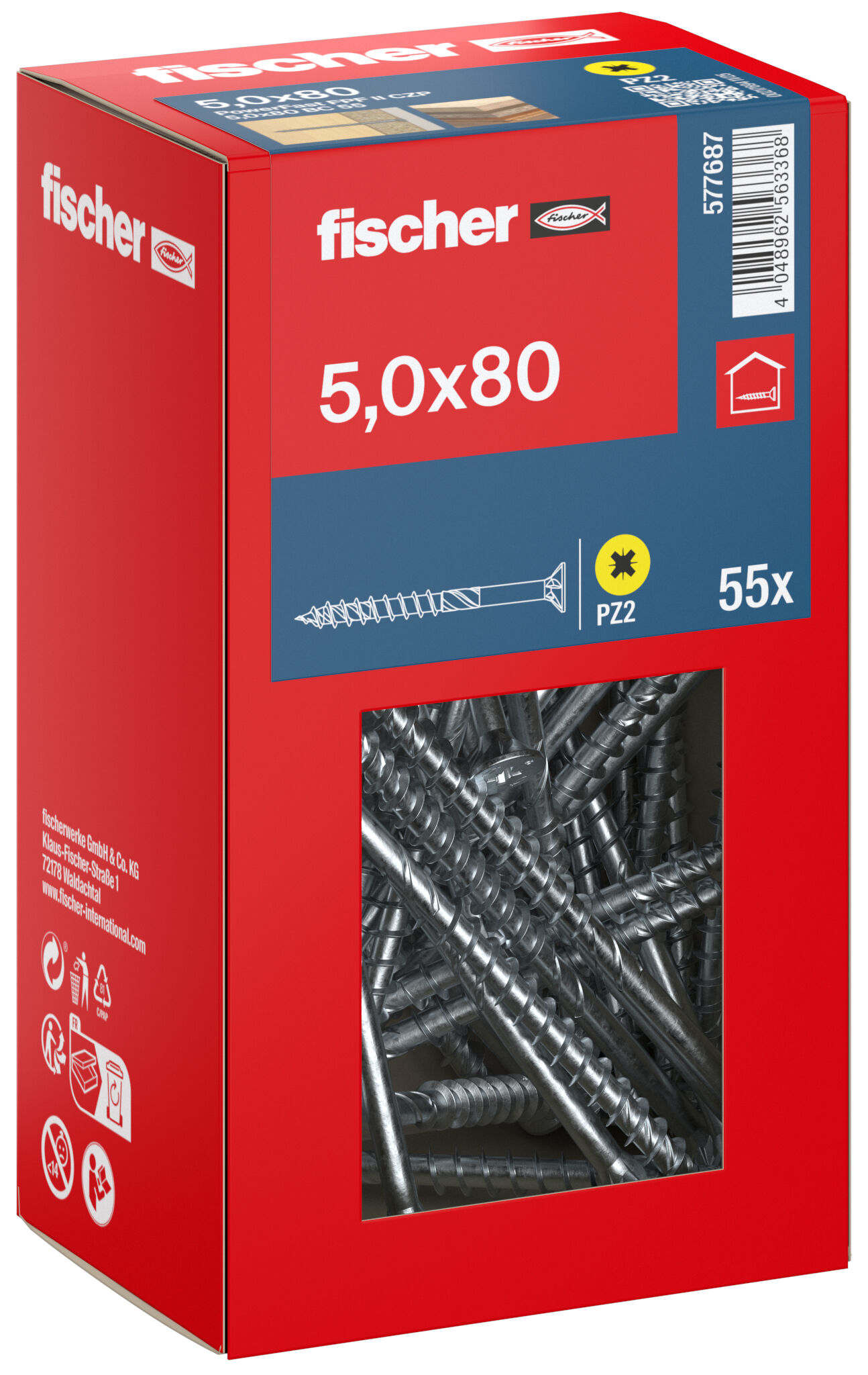 Packaging: "fischer chipboard screw PowerFast FPF II CZP 5.0 x 80 BC 55, countersunk head, cross drive PH, part thread, blue passivated"
