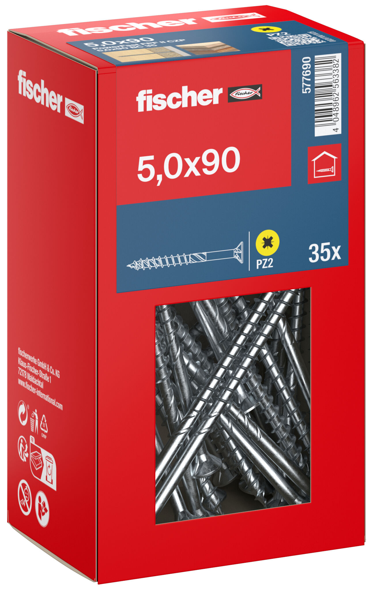 Packaging: "fischer chipboard screw PowerFast FPF II CZP 5.0 x 90 BC 35, countersunk head, cross drive PH, part thread, blue passivated"