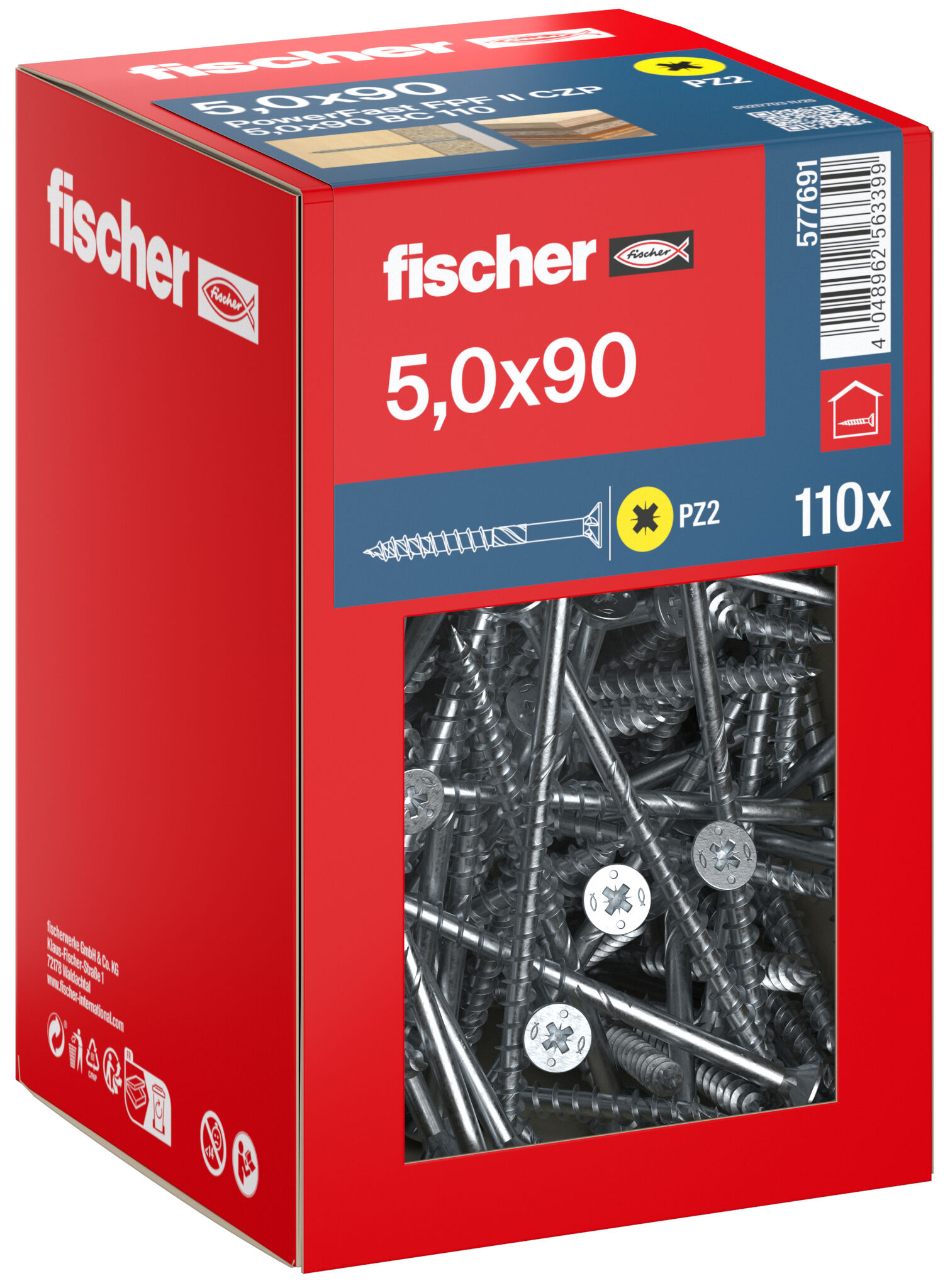 Packaging: "fischer chipboard screw PowerFast FPF II CZP 5.0 x 90 BC 110, countersunk head, cross drive PH, part thread, blue passivated"